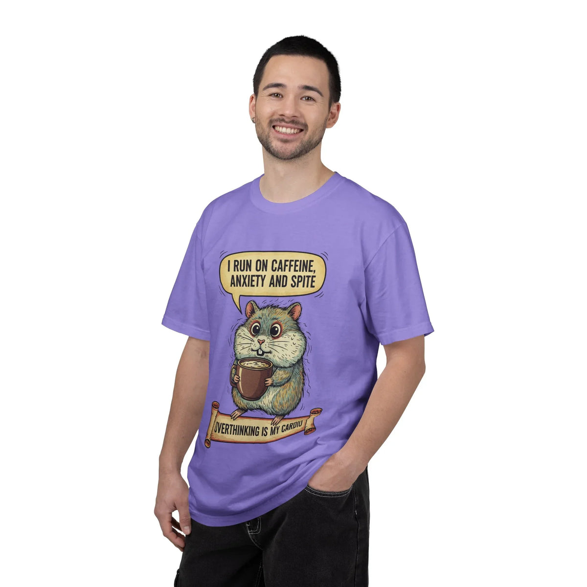 Funny Hamster Coffee Shirt - "Overthinking is My Cardio" T-Shirt - Caffeine Anxiety and Spite Gift - Sarcastic Mental Health Graphic Tee - Retro Jittery Hamster Overthinker Gift