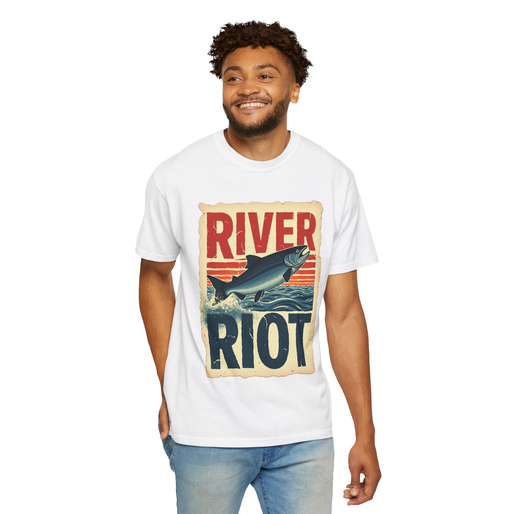 River Riot Salmon T-Shirt, Retro Fishing Graphic Tee, Vintage Fish Poster Design, Leaping Salmon Sunburst Stripes, Unisex Garment-Dyed