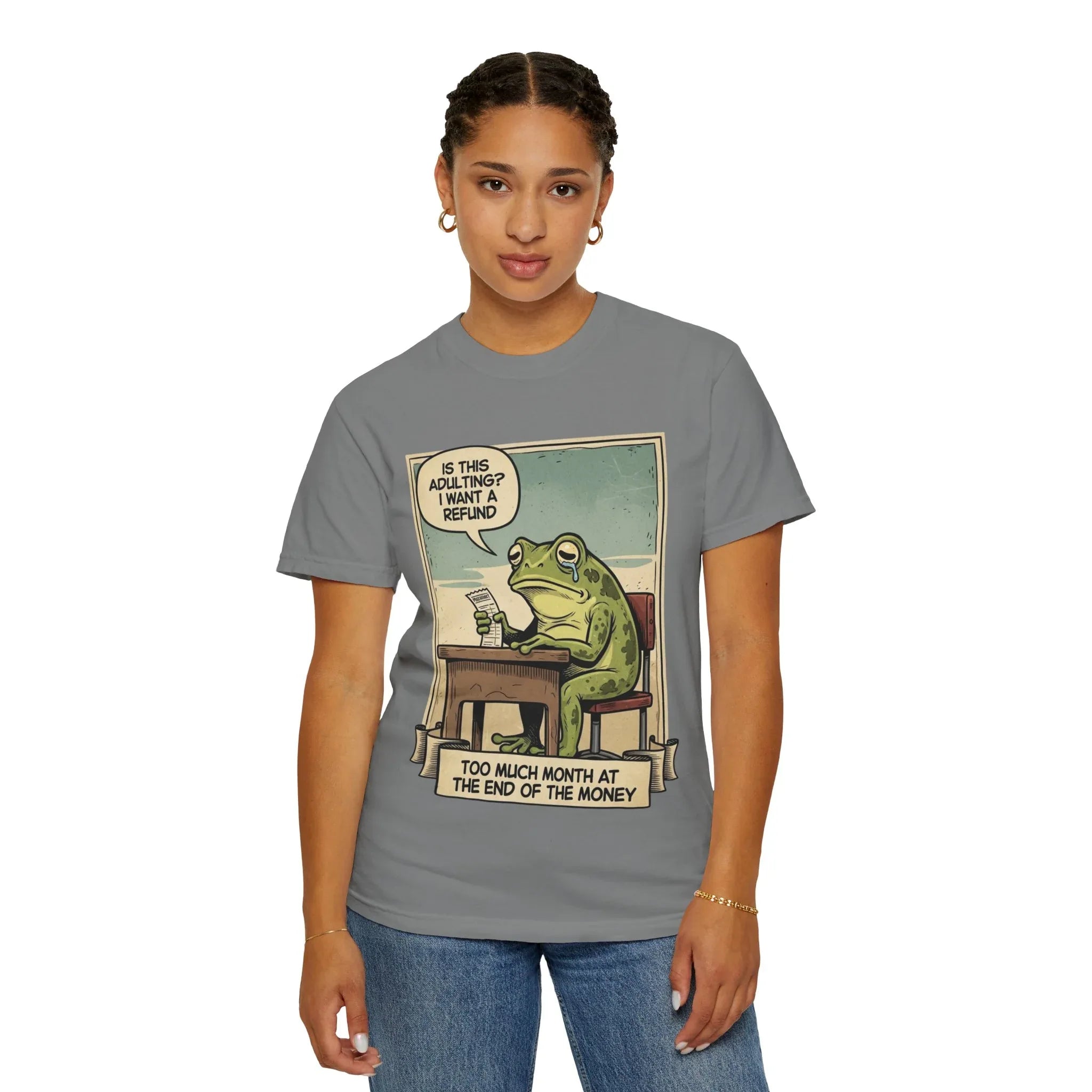 Funny Adulting Shirt - Sad Frog Meme Hoodie - "Too Much Month at the End of My Money" Sweatshirt - Vintage Aesthetic Millennial Financial Humor - Relatable Broke Friend Gift
