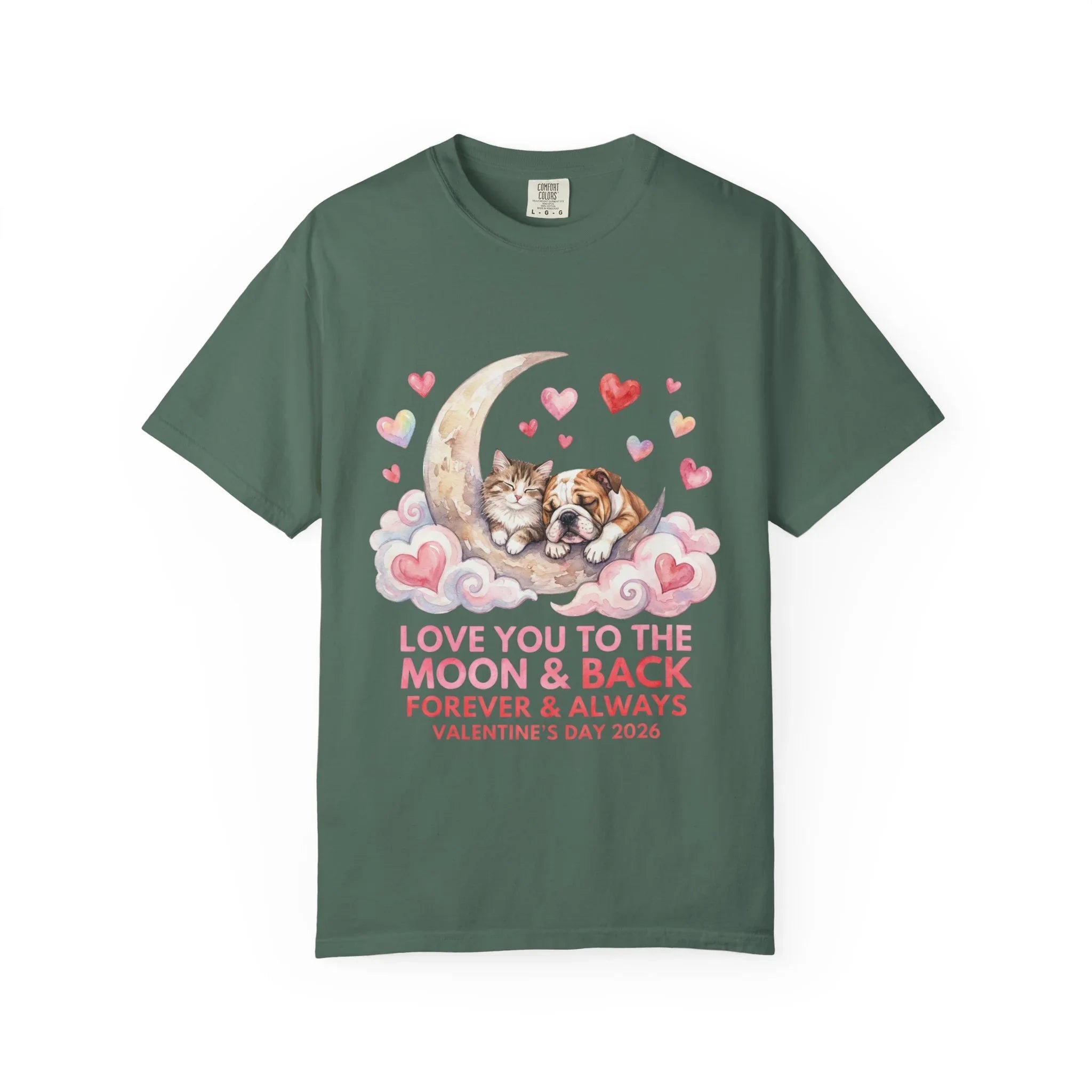 Love You to the Moon and Back Cats T Shirt Cute Kittens Crescent Moon Hearts Watercolor Cozy Vintage Aesthetic Gift Cat Lovers Valentine Tee Blue Spruce