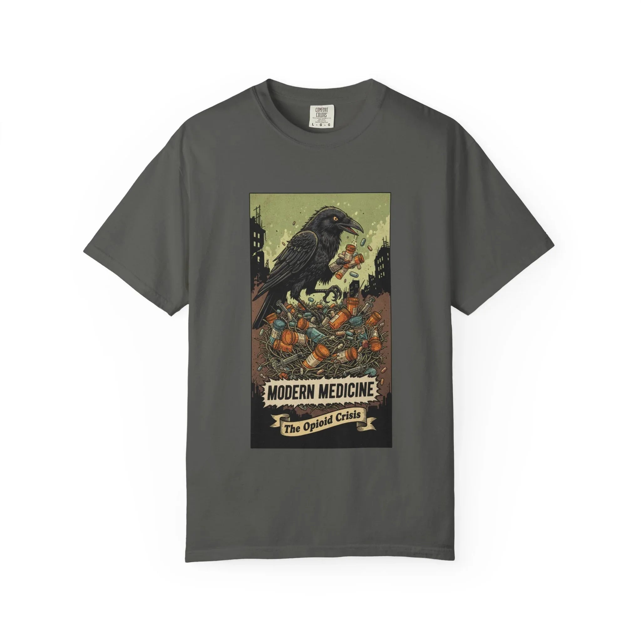 Modern Medicine Raven Shirt - Opioid Crisis Satire Tee - Dark Gothic Graphic T-Shirt - Vintage Social Commentary Art - Raven Nest Medicine Bottle Dark Humor Streetwear Pepper