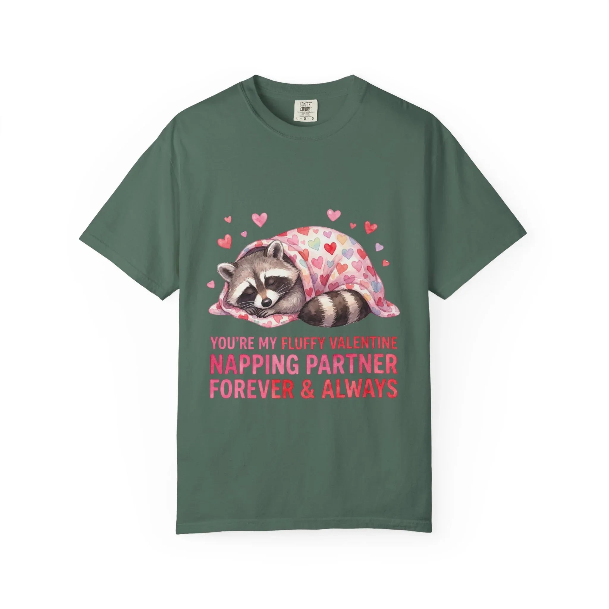 Sleeping Raccoon Valentine T Shirt Fluffy Napping Partner Forever Watercolor Cozy Vintage Aesthetic Gift Animal Lovers Soft Cotton Romantic Blue Spruce