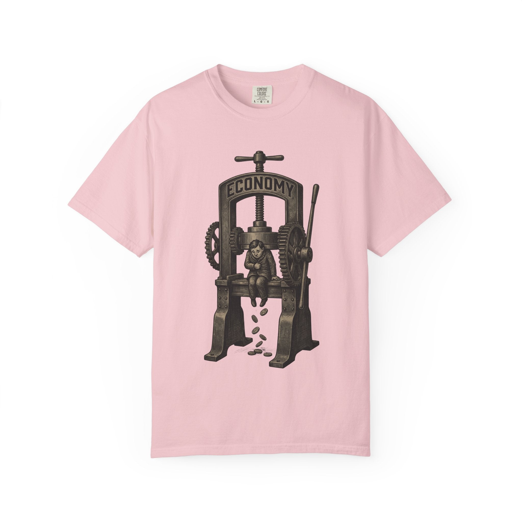 Vintage "ECONOMY" Press T-Shirt | Retro Industrial Satire Graphic Tee | Hand-Drawn Woodcut Style Socio-Economic Statement Shirt Blossom