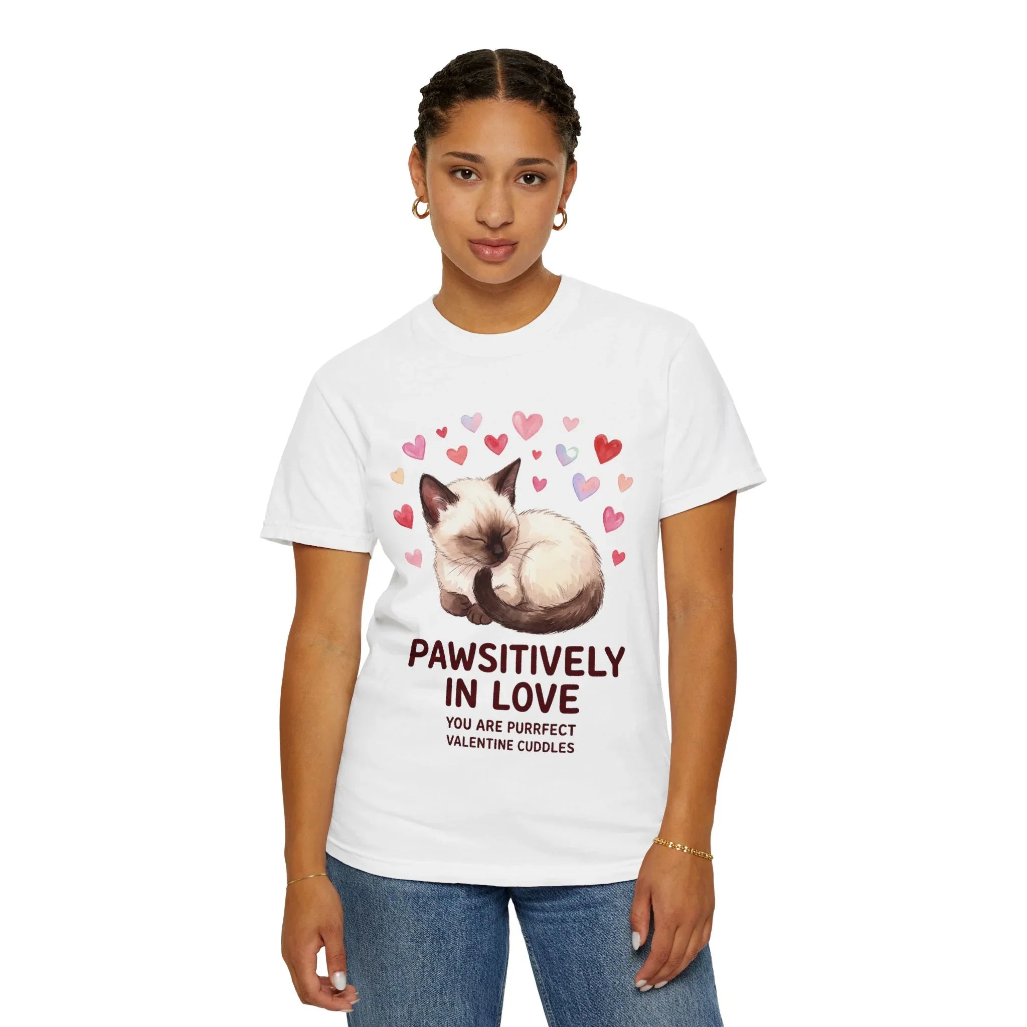 Pawsitively in Love Cat Valentines T Shirt Cute Siamese Kitten Hearts Cozy Soft Cotton Vintage Aesthetic Gift for Cat Lovers