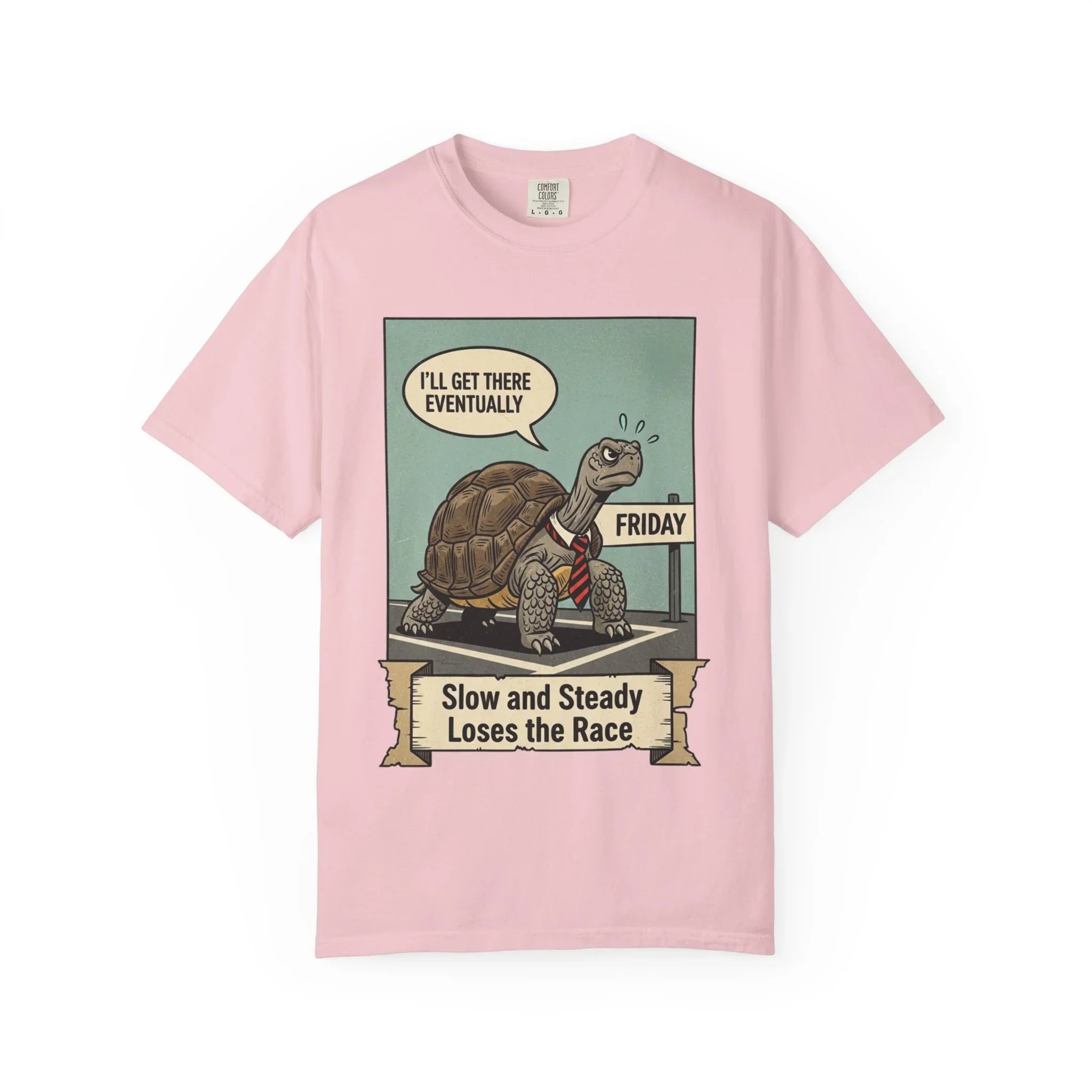 Funny Friday Shirt - Office Humor T-Shirt - Corporate Turtle Tee - Weekend Vibes Gift - "Slow and Steady Loses the Race" - Retro Animal Art Work Sarcasm Top Blossom