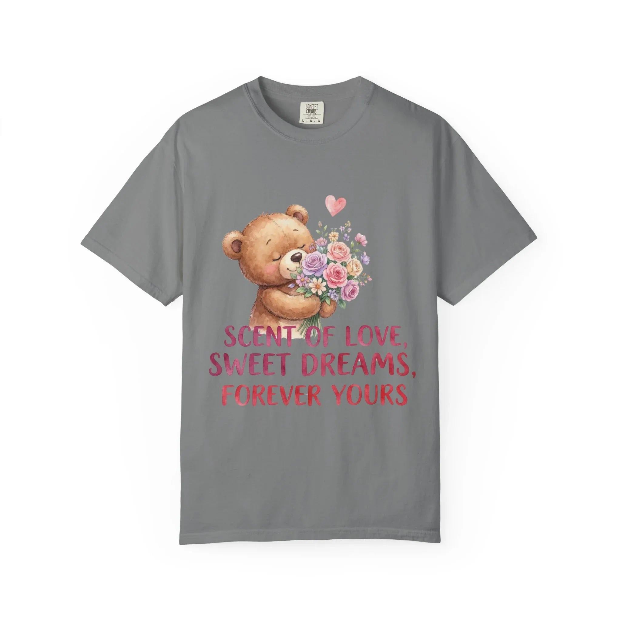 Teddy Bear with Bouquet T-Shirt | Scent of Love Sweet Dreams Forever Yours | Cute Valentine Gift | Cozy Soft Vintage Aesthetic Tee Grey