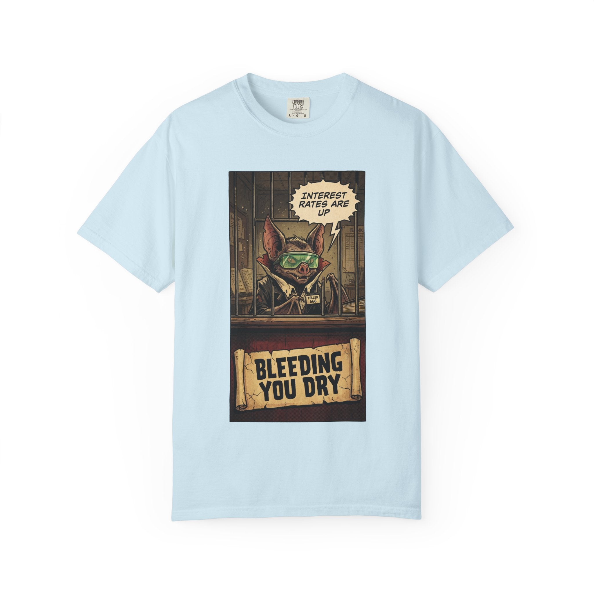 Interest Rates Are Up Shirt, Banker Bat Bleeding You Dry Tee, Funny Finance Satire, Debt & Mortgage Crisis T-Shirt, Vintage Grunge Apparel Chambray