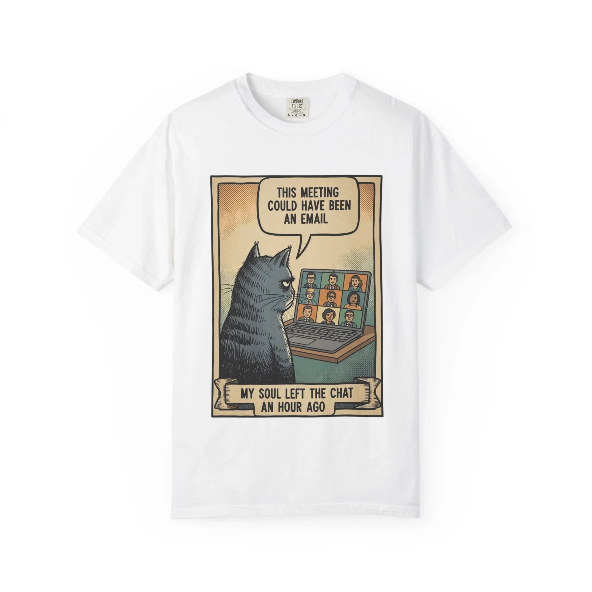 Funny Cat Work Shirt - "My Soul Left The Chat" Sarcastic Tee - Office Humor Gift for Coworker - Video Call Fatigue Meme Top - Work From Home (WFH) Uniform