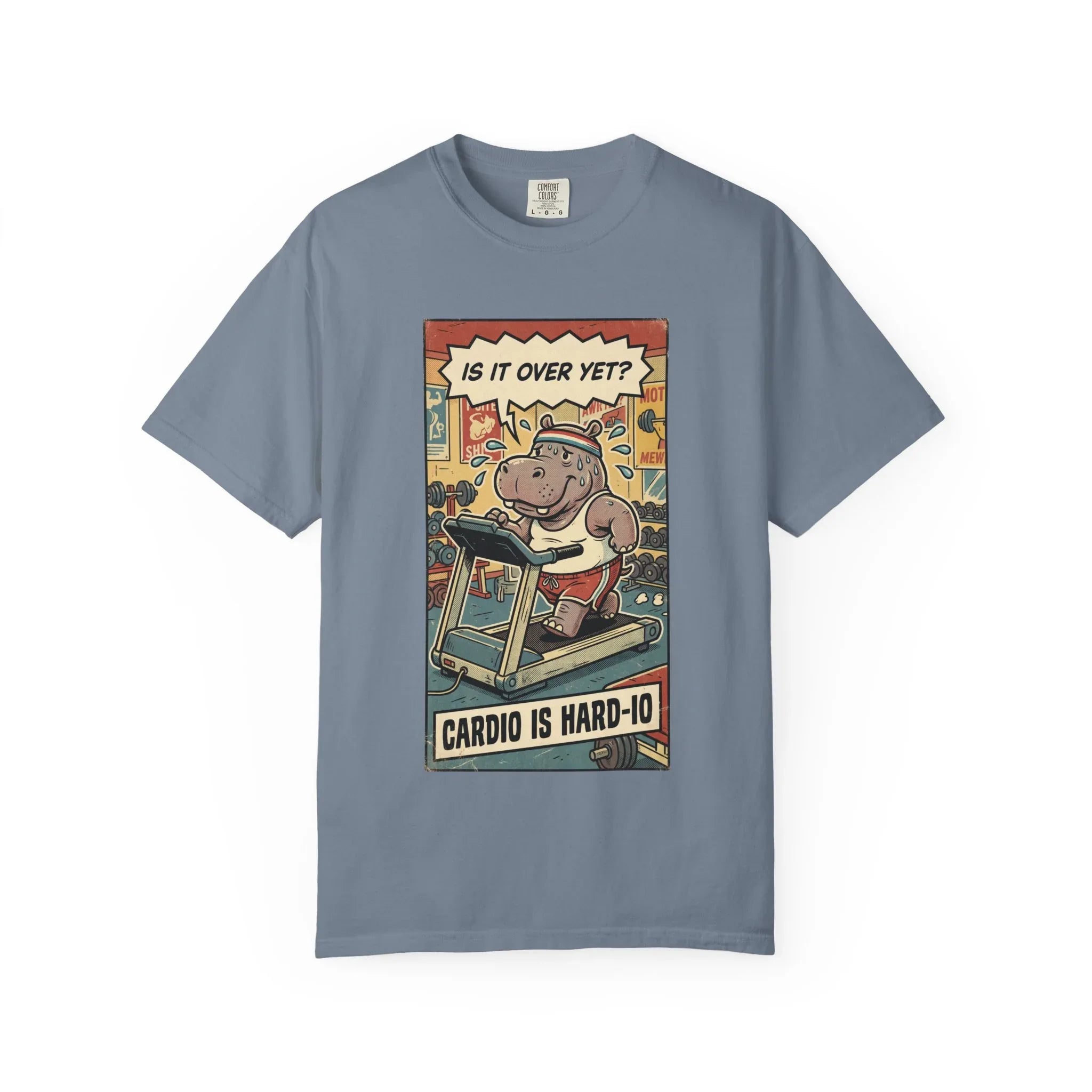 Funny Hippo Cardio Shirt - "Cardio is Hard-io" Retro Gym Tee - Vintage Sarcastic Workout T-Shirt - Humorous Exercise Fitness Gift - Distressed Comic Style Streetwear Blue Jean