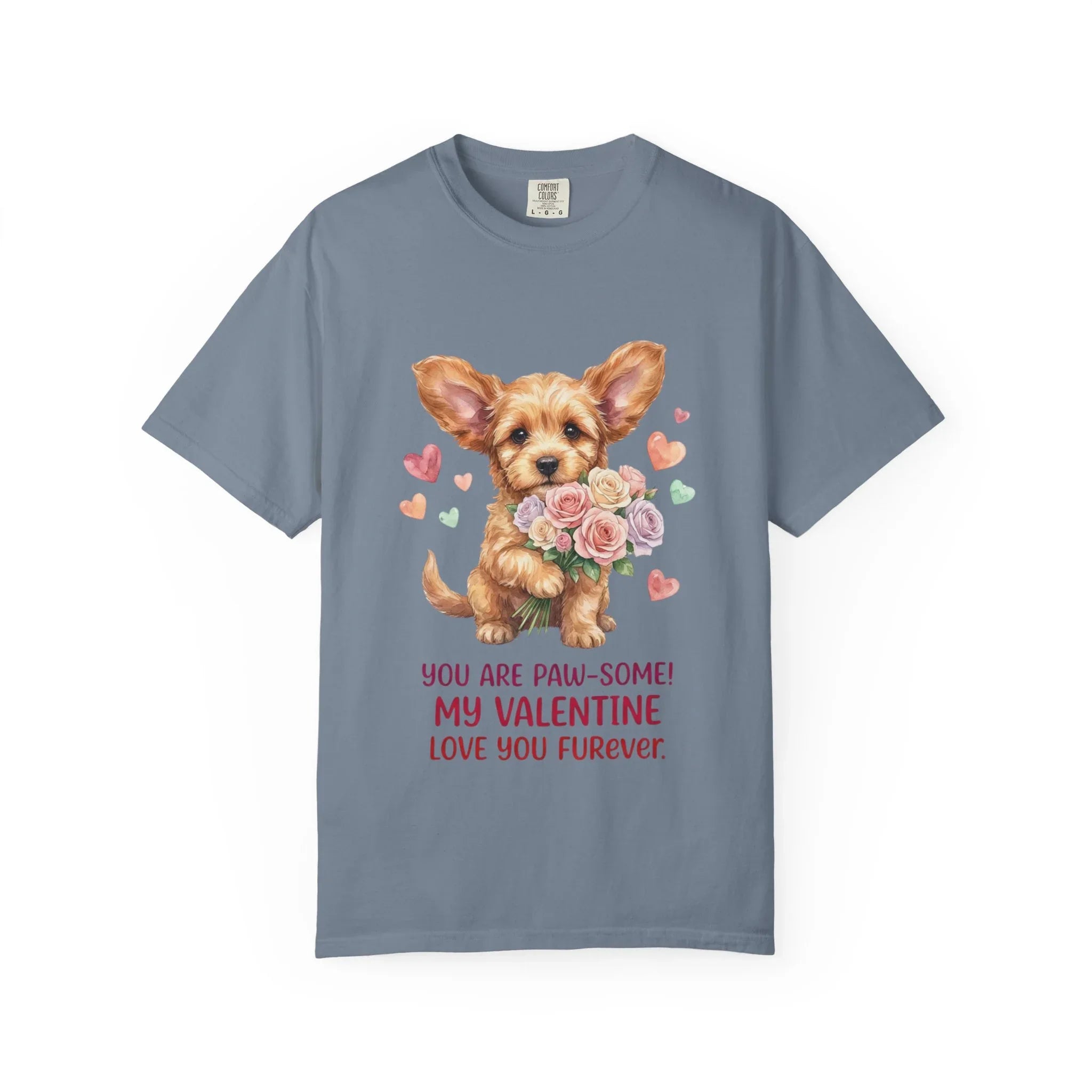 Cute Puppy Holding Roses Valentine T Shirt Paw-some Love You Furever Watercolor Cozy Vintage Aesthetic Gift Dog Lovers Soft Cotton Romantic Blue Jean