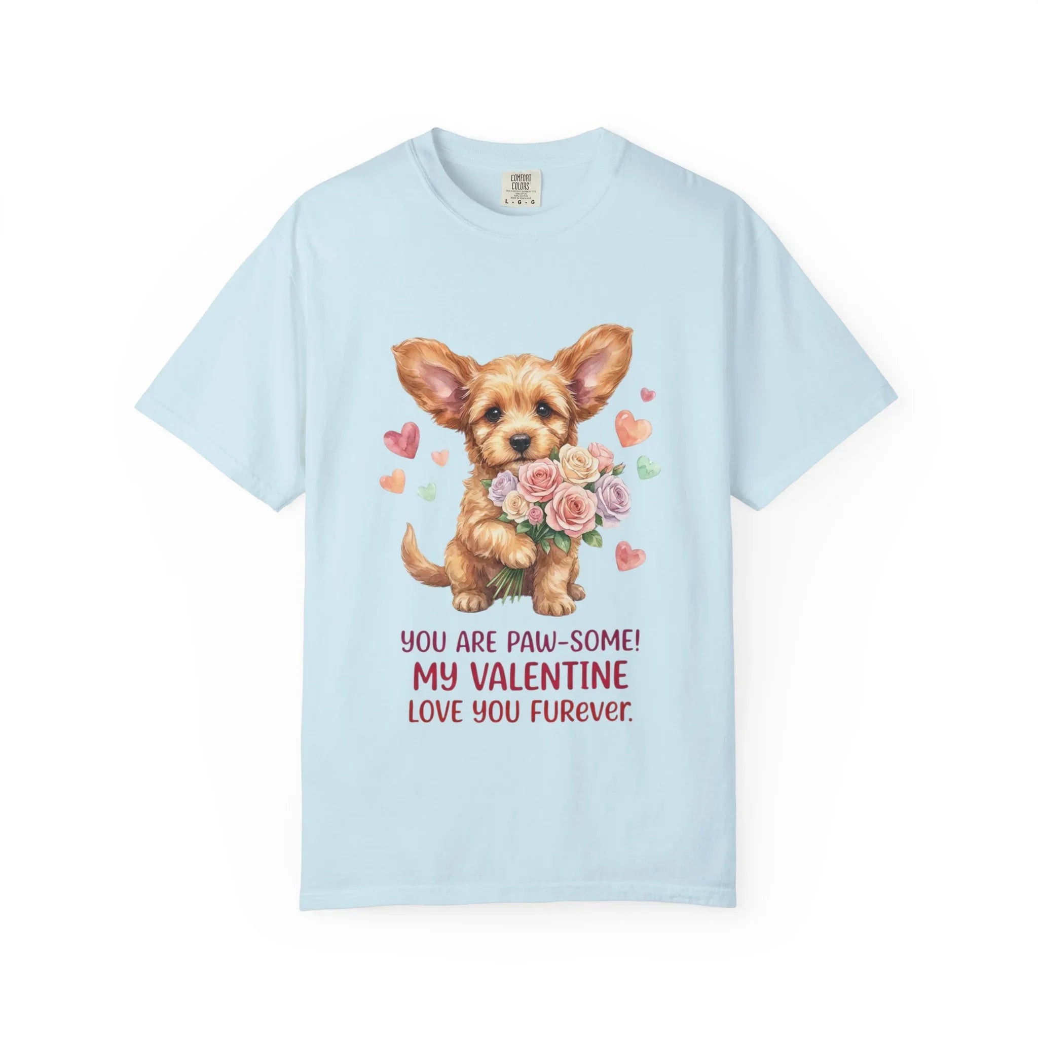 Cute Puppy Holding Roses Valentine T Shirt Paw-some Love You Furever Watercolor Cozy Vintage Aesthetic Gift Dog Lovers Soft Cotton Romantic Chambray