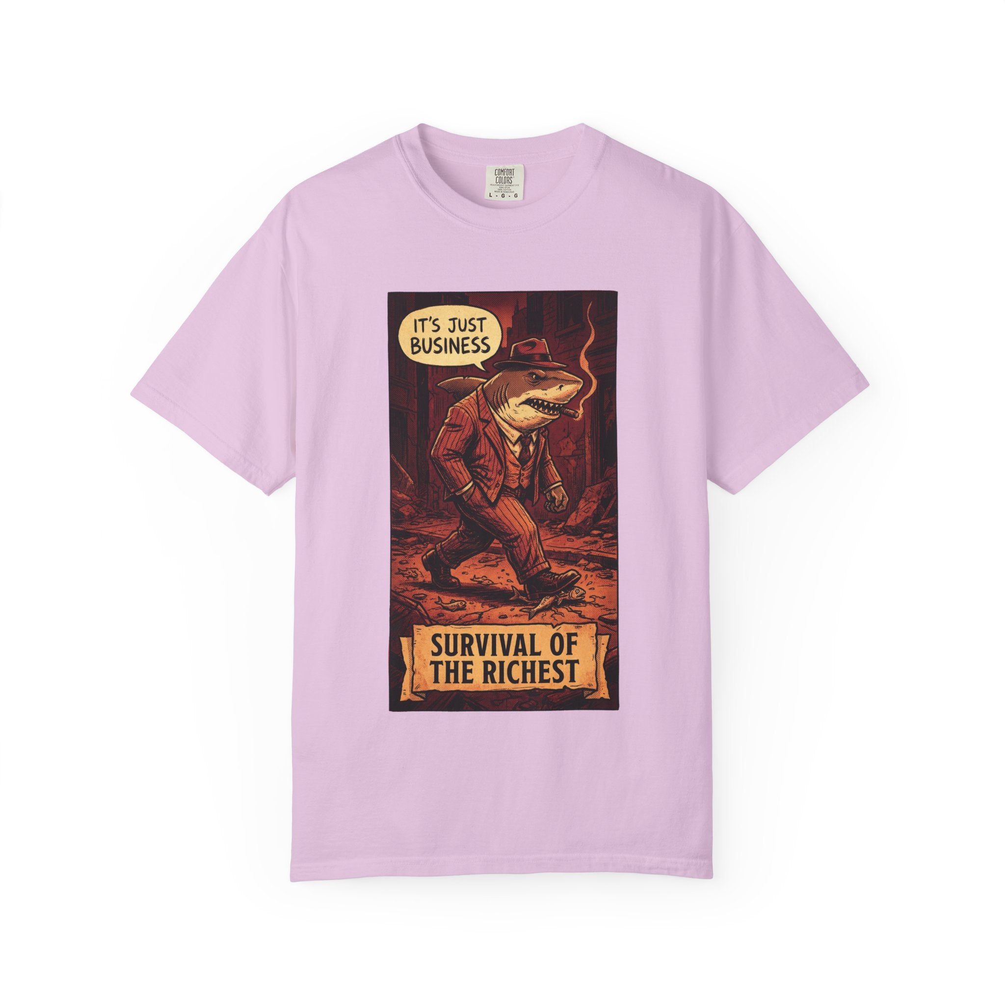Survival of the Richest Vintage Comic Shirt | Retro Business Shark Satire Tee | Dark Humor Corporate Streetwear Orchid