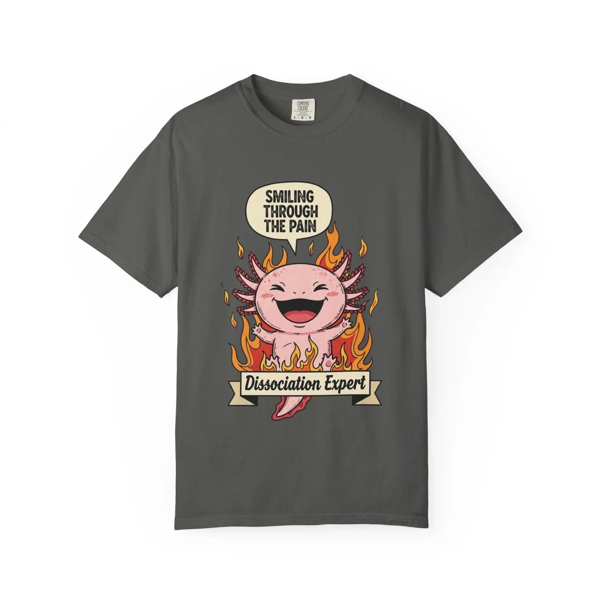 Funny Axolotl Shirt - "Dissociation Expert" Graphic Tee - Smiling Through The Pain Shirt - Mental Health Dark Humor Gift - Vintage Comfort Colors Style Oversized Top Pepper