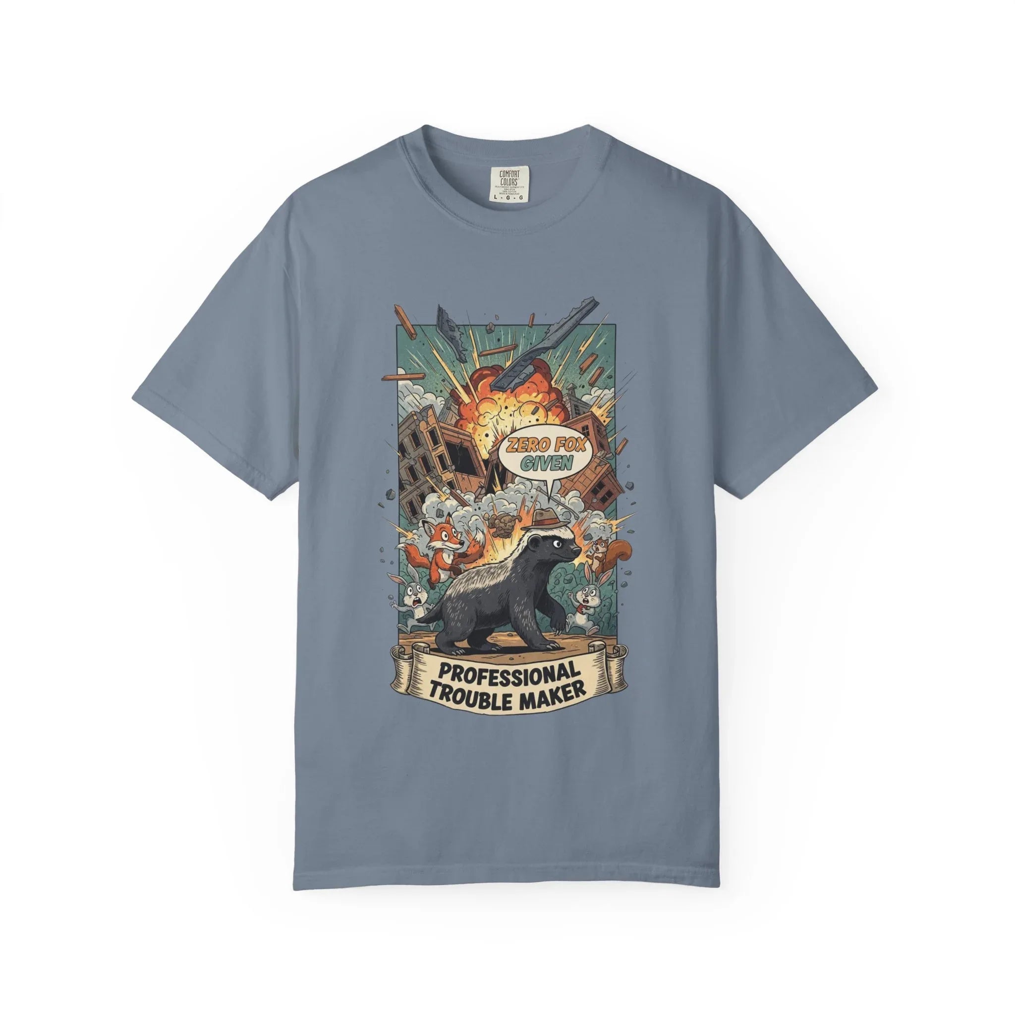 Funny Honey Badger Shirt - "Zero Fox Given" Hoodie - Professional Trouble Maker Tee - Retro Comic Style Graphic - Cool Animal Meme Gift for Sarcastic Men & Women Blue Jean
