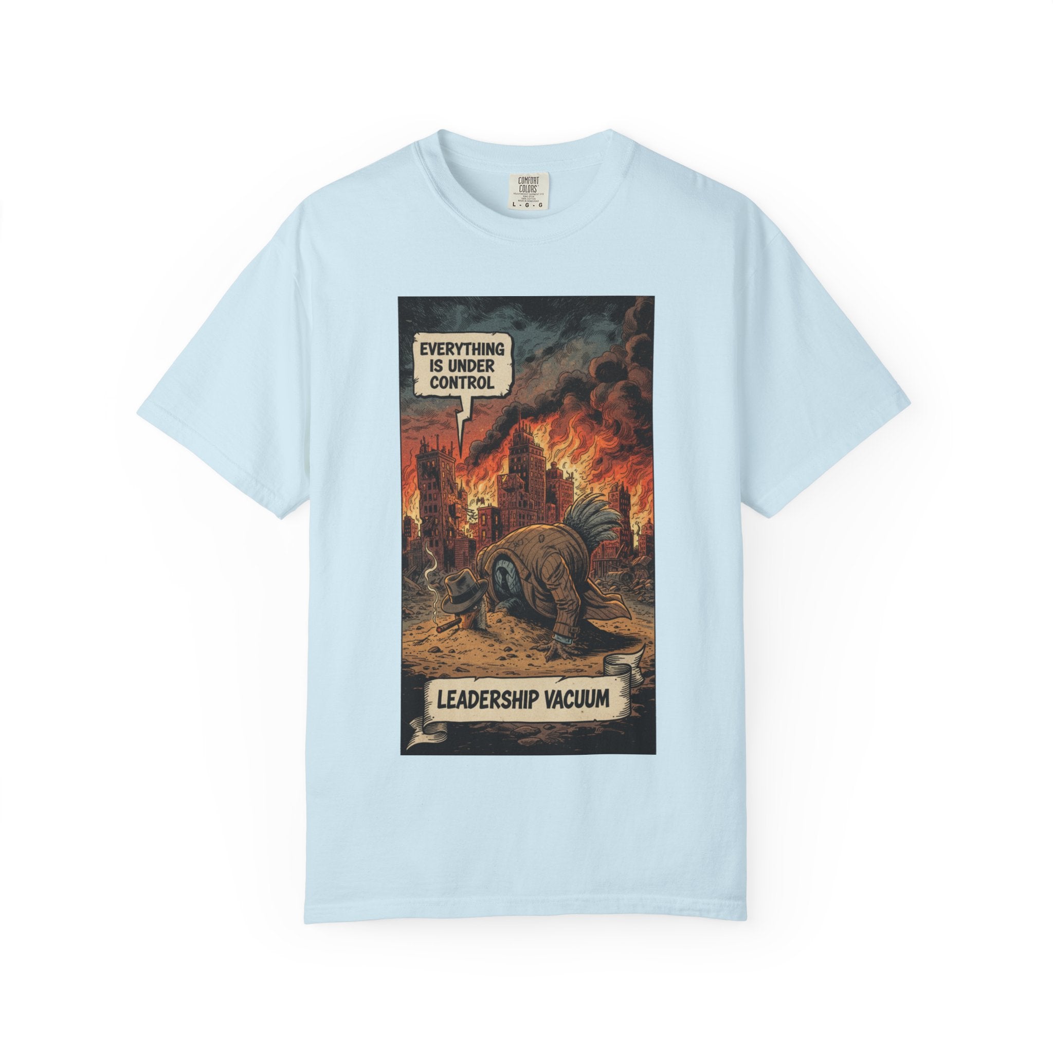 Leadership Vacuum T-Shirt - Funny Corporate Satire Tee - Head in Sand Ostrich Shirt - Sarcastic Management Humor Gift - Vintage Comic Style Chambray