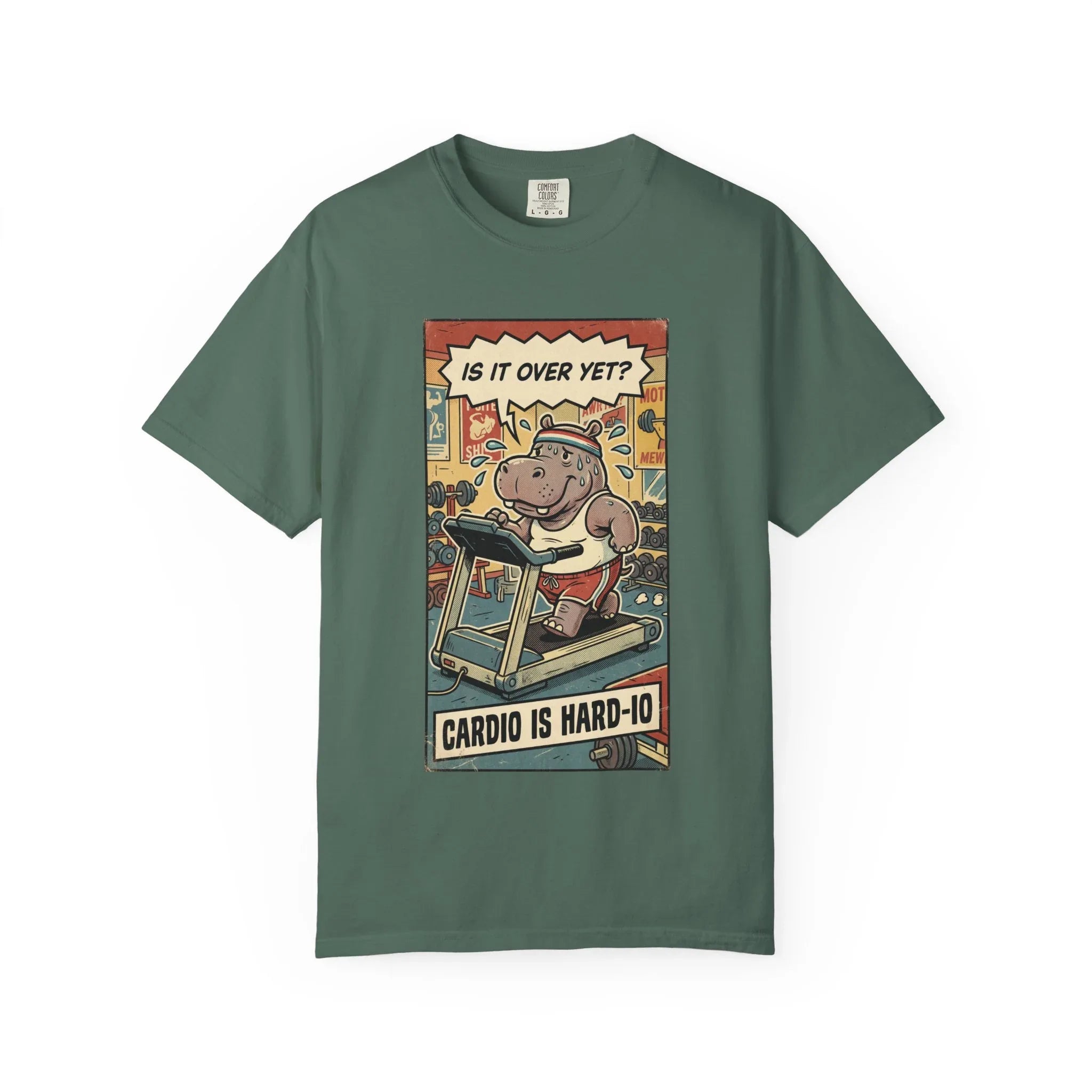 Funny Hippo Cardio Shirt - "Cardio is Hard-io" Retro Gym Tee - Vintage Sarcastic Workout T-Shirt - Humorous Exercise Fitness Gift - Distressed Comic Style Streetwear Blue Spruce