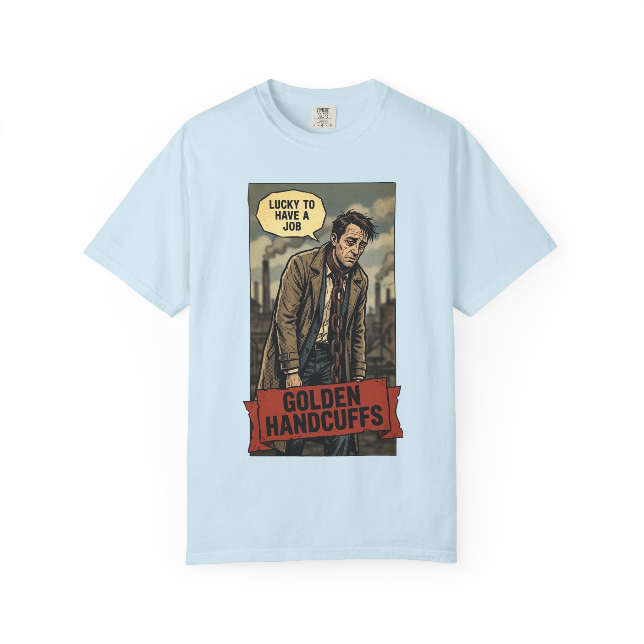 Golden Handcuffs Vintage Comic Shirt Sarcastic Work Humor Tee Retro Anti Work Gift Corporate Slave Aesthetic Tshirt Industrial GrungeGraphic Chambray