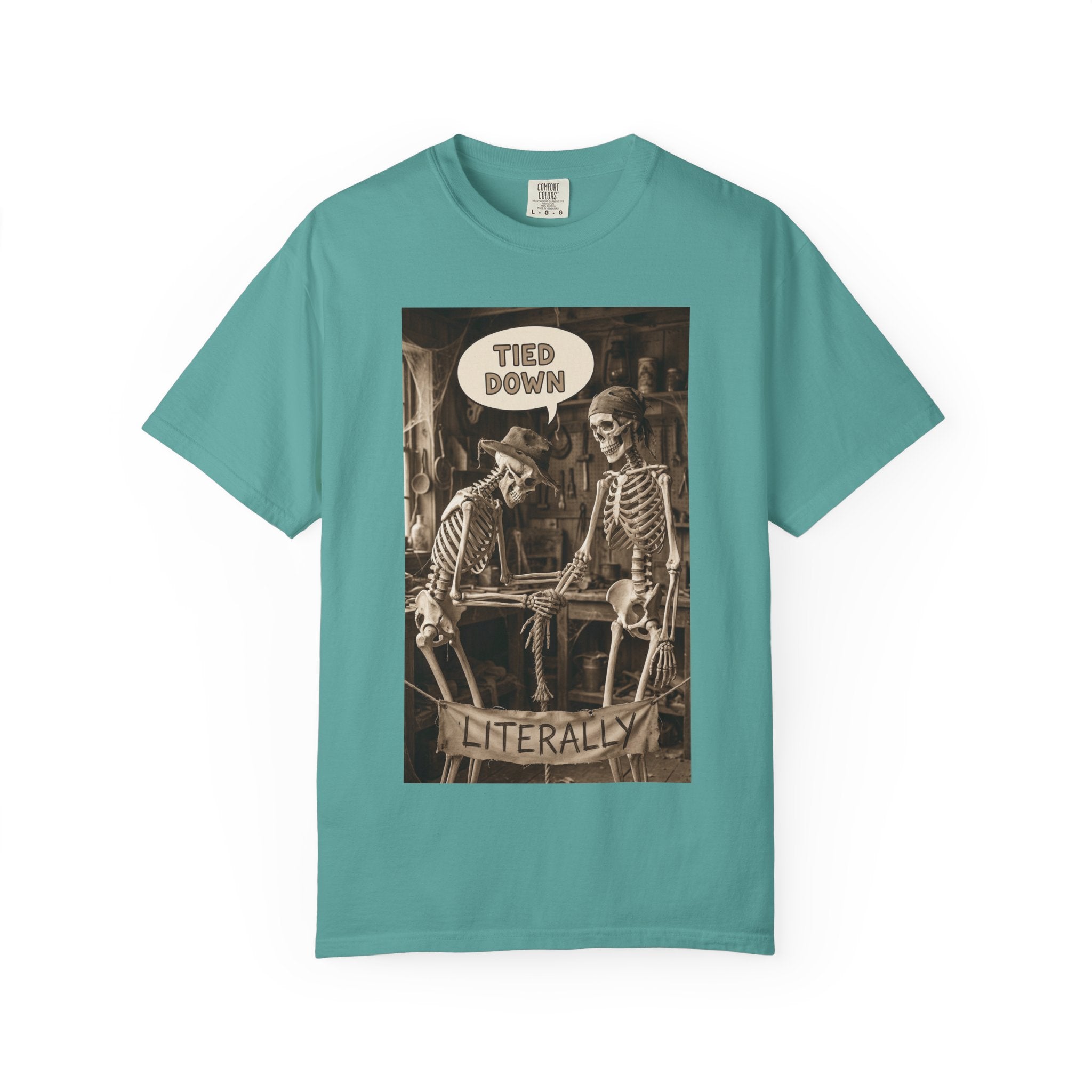 🪢 Tied Down Literally – Vintage Skeleton Satire & Dark Humor Streetwear Unisex Garment-Dyed T-shirt Seafoam
