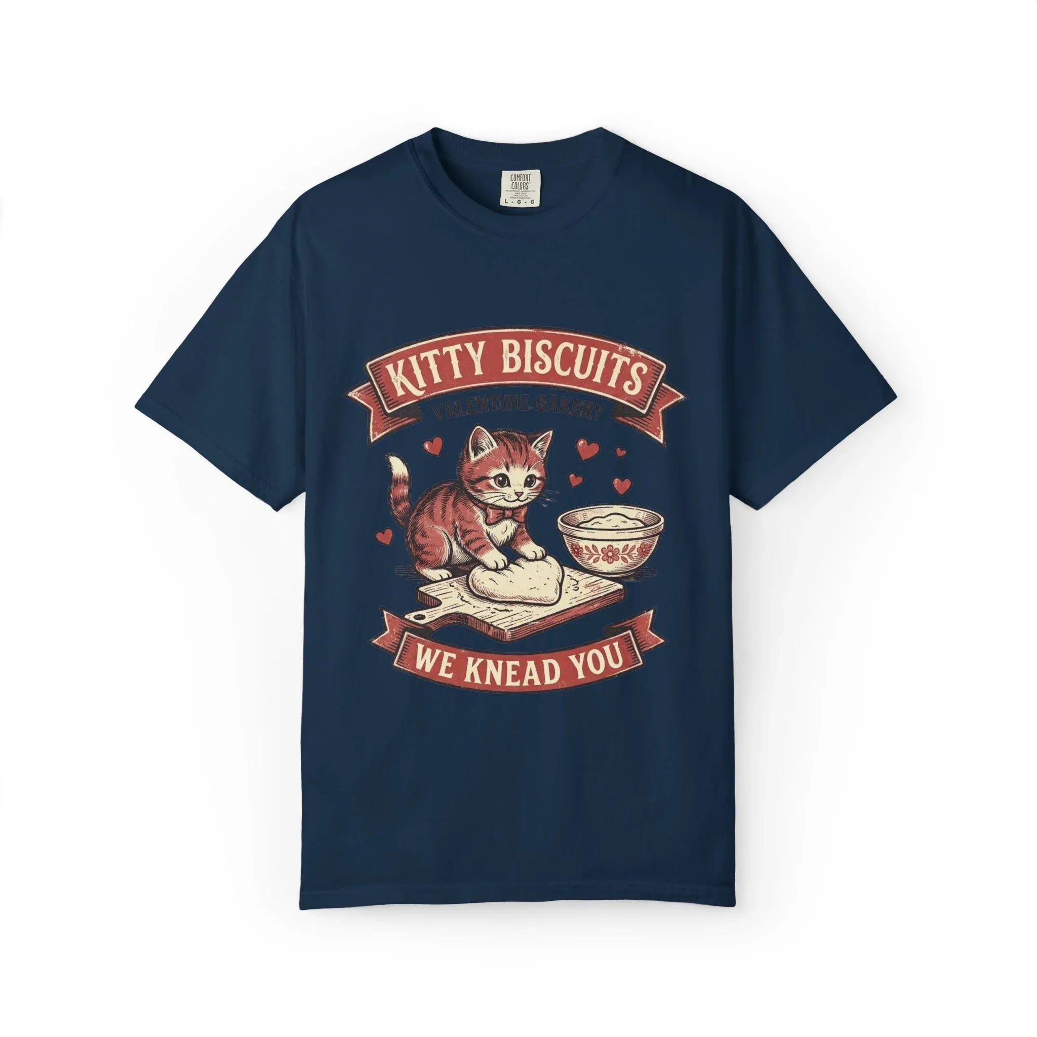Kitty Biscuits T-Shirt | Valentine Bakery Cat We Knead You Graphic Tee True Navy