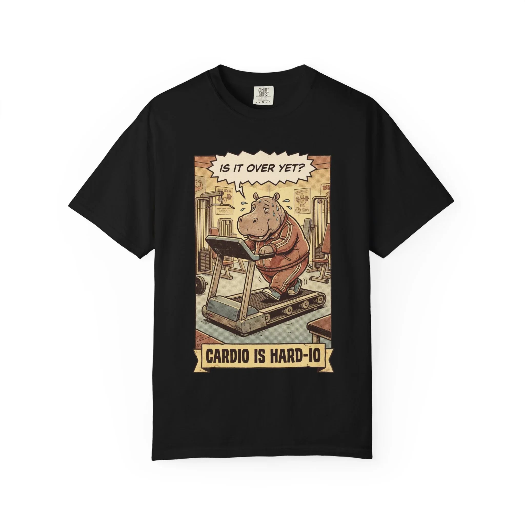 Funny Hippo Gym Shirt - "Cardio is Hard-io" Retro Workout Tee - Sarcastic Fitness Graphic T-Shirt - Vintage Runner & Weightlifter Gift - Humorous Exercise Streetwear Black