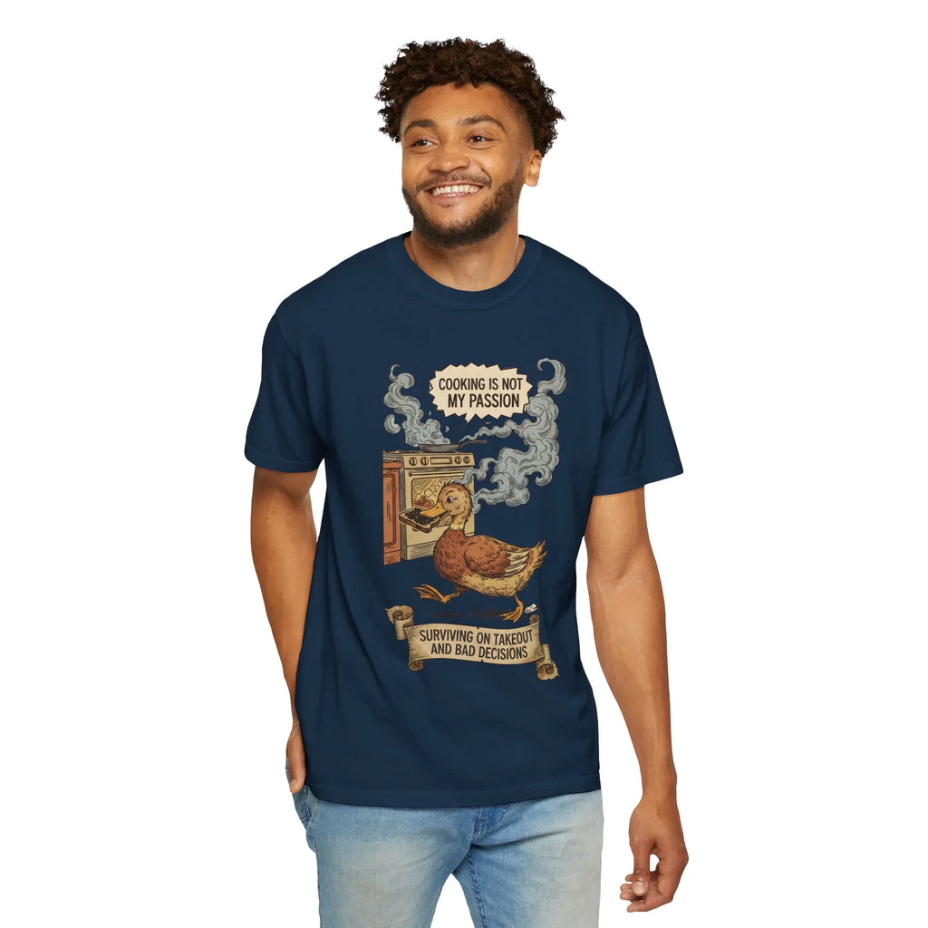 Funny Cooking Duck Shirt - "Cooking Is Not My Passion" Tee - Bad Cook Kitchen Fail Gift - Retro Duck Meme T-Shirt - Humorous Home Chef Gift for Mom & Dad