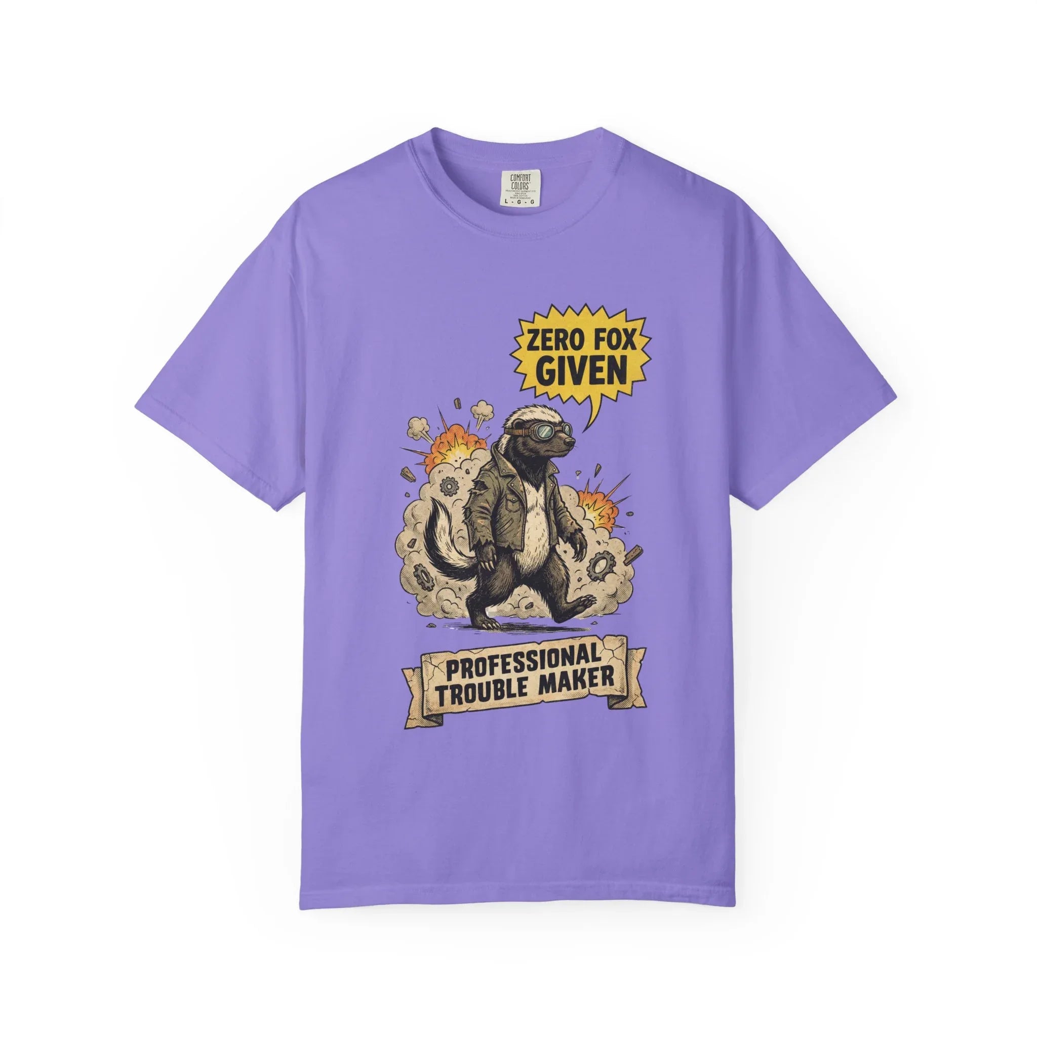 Honey Badger Shirt - "Zero Fox Given" T-Shirt - Professional Trouble Maker - Funny Animal Tee - Vintage Biker Gift - Sarcastic Graphic Top for Rebels Violet