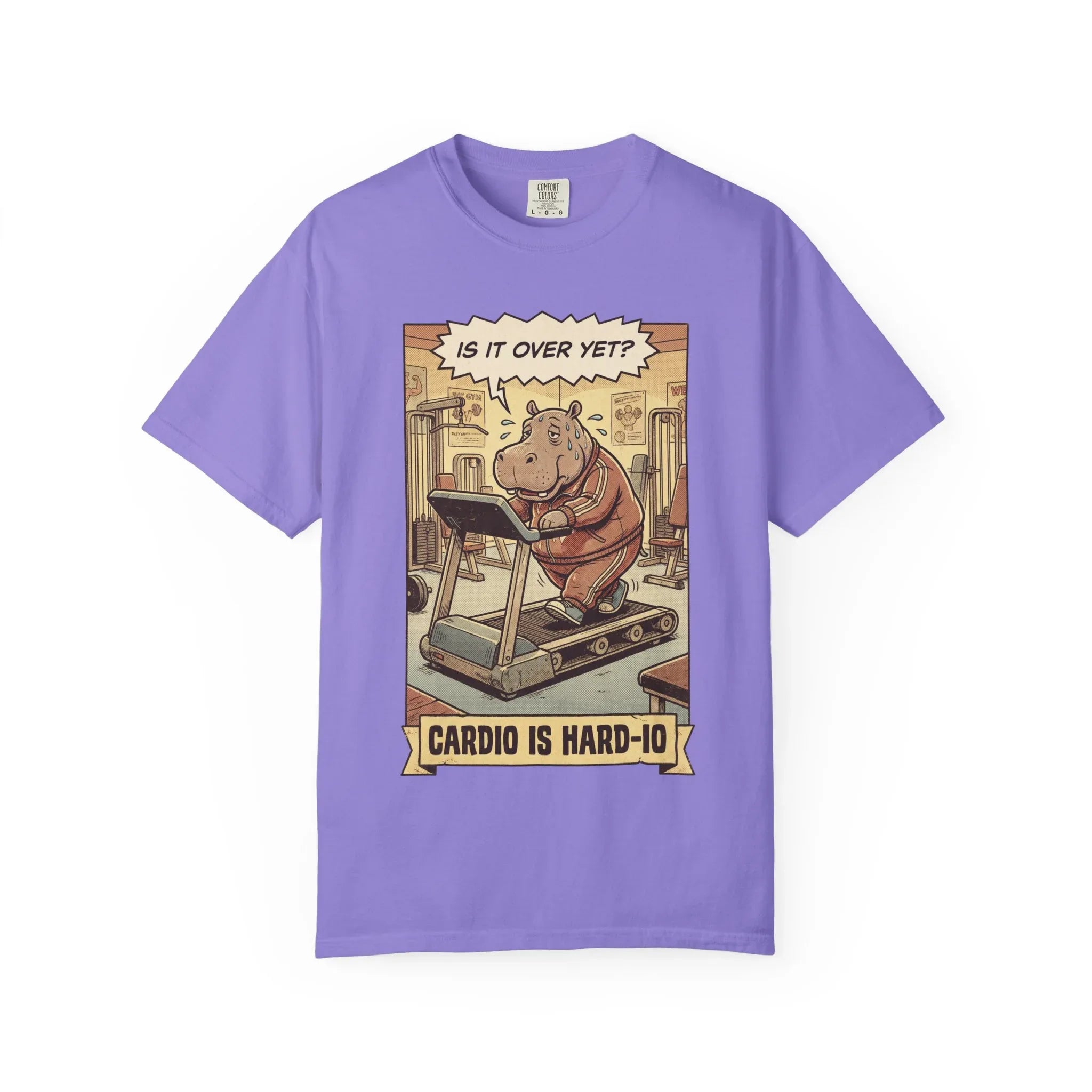 Funny Hippo Gym Shirt - "Cardio is Hard-io" Retro Workout Tee - Sarcastic Fitness Graphic T-Shirt - Vintage Runner & Weightlifter Gift - Humorous Exercise Streetwear Violet