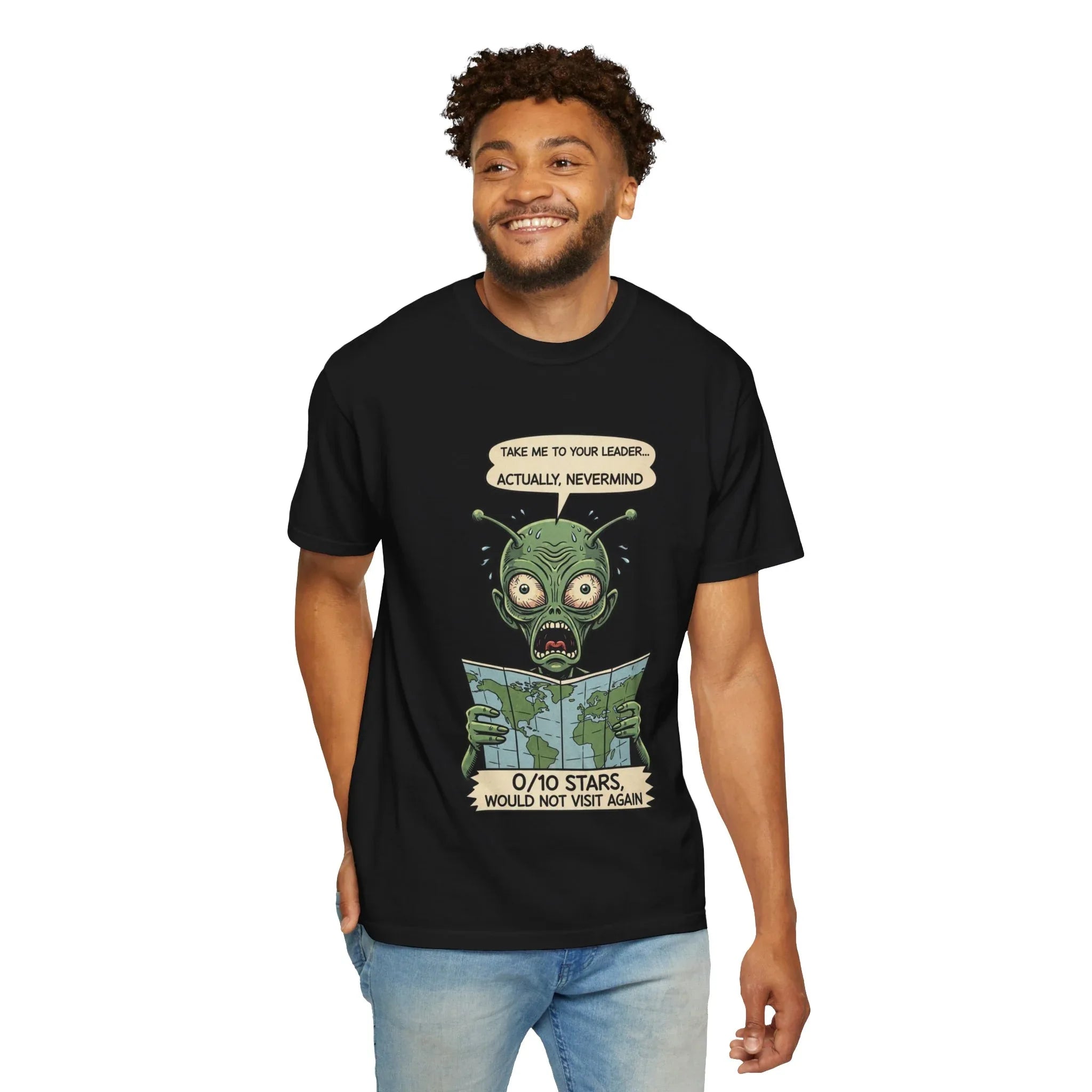 Funny Alien Shirt - Sarcastic Earth Review Tee - Vintage Sci-Fi Lover Gift - 0 Out Of 10 Stars Meme Tshirt - Retro UFO Graphic Top for Introverts