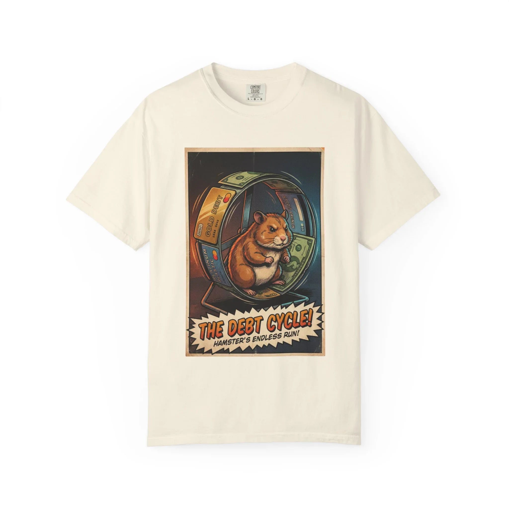 Funny Debt Cycle Hamster Shirt - Retro Comic Satire T-Shirt - Financial Humor Graphic Tee - Vintage Credit Crunch Money Art - Sarcastic Credit Card Debt Gift Ivory