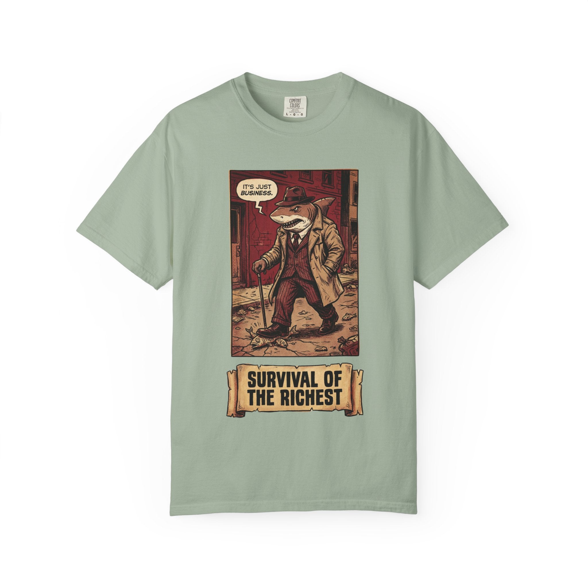 Survival of the Richest Shirt Vintage Business Shark Tee Retro Comic Style Satirical Graphic Top Dark Humor Mafia Art Gift Bay