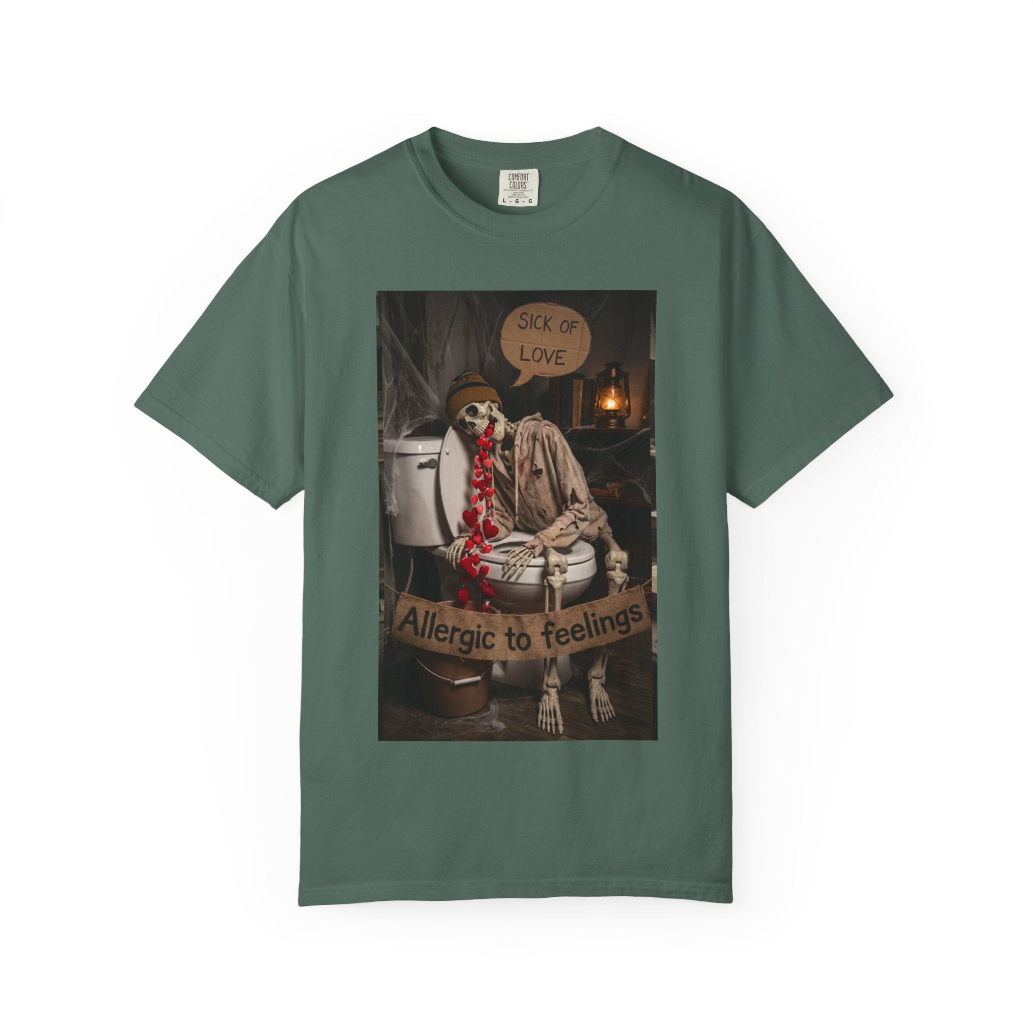 🤮 Sick of Love – Vintage Skeleton Heartbreak Satire & Grunge Streetwear Vintage Skeleton Graphic Tee - Sick of Love Dark Humor Streetwear Blue Spruce