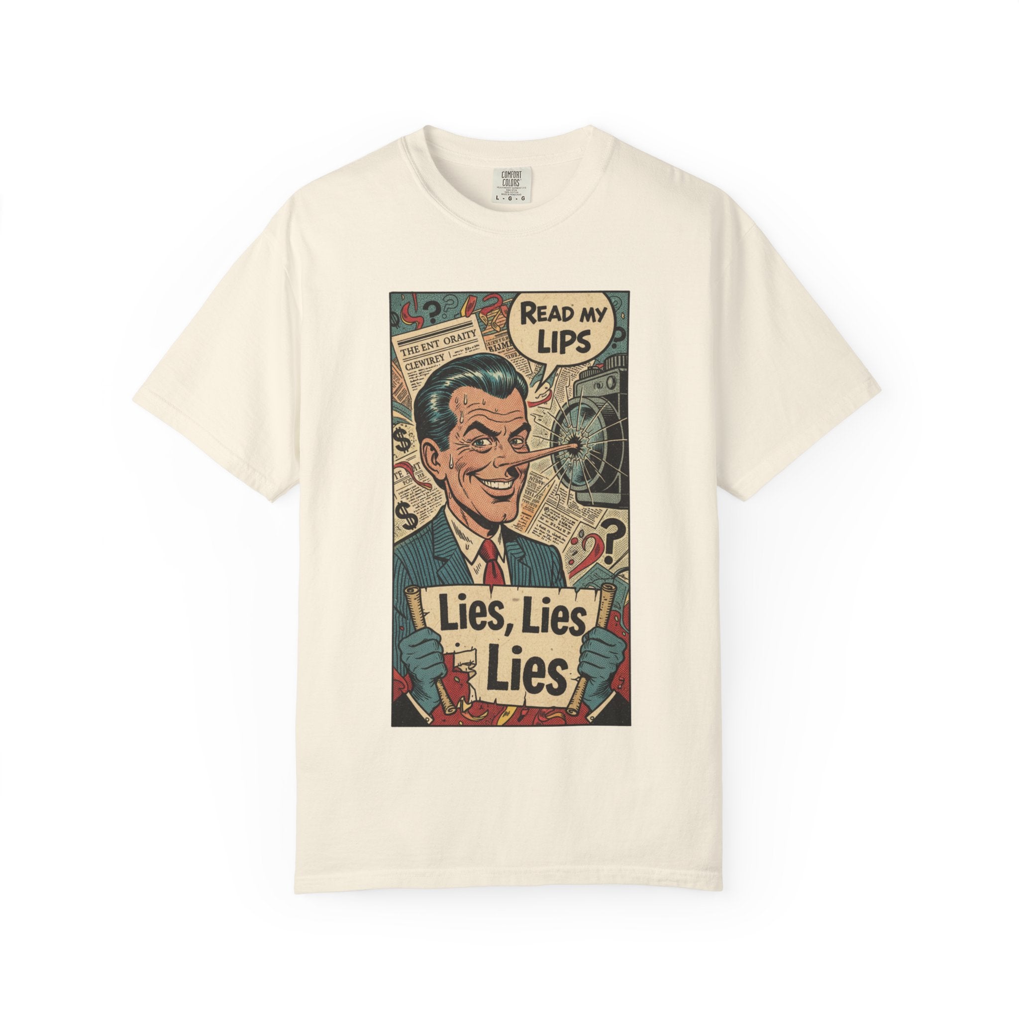 Lies Lies Lies T-Shirt - Read My Lips Satire Tee - Funny Pinocchio Political Shirt - Vintage Comic Graphic - Sarcastic Truth Tee Ivory