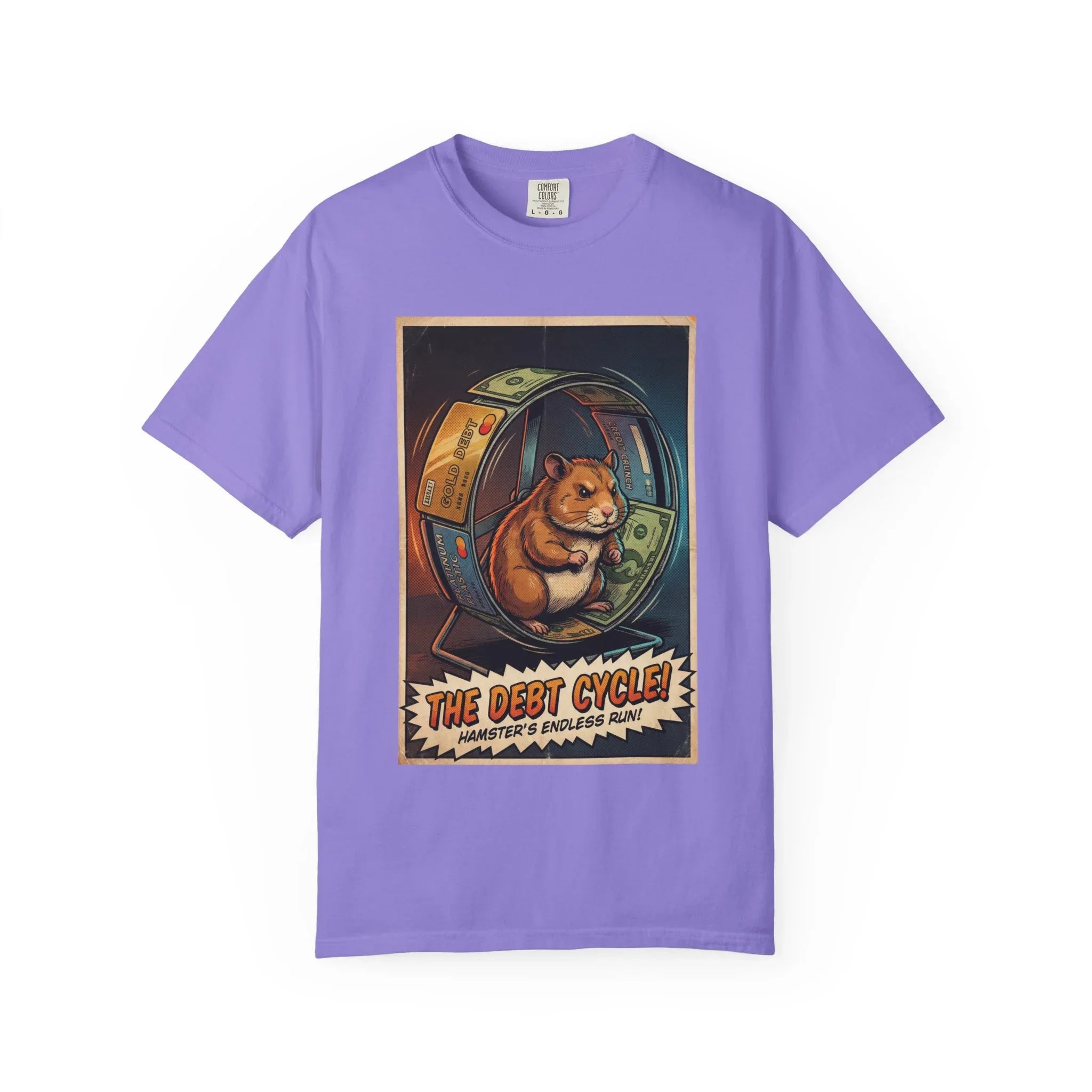 Funny Debt Cycle Hamster Shirt - Retro Comic Satire T-Shirt - Financial Humor Graphic Tee - Vintage Credit Crunch Money Art - Sarcastic Credit Card Debt Gift Violet
