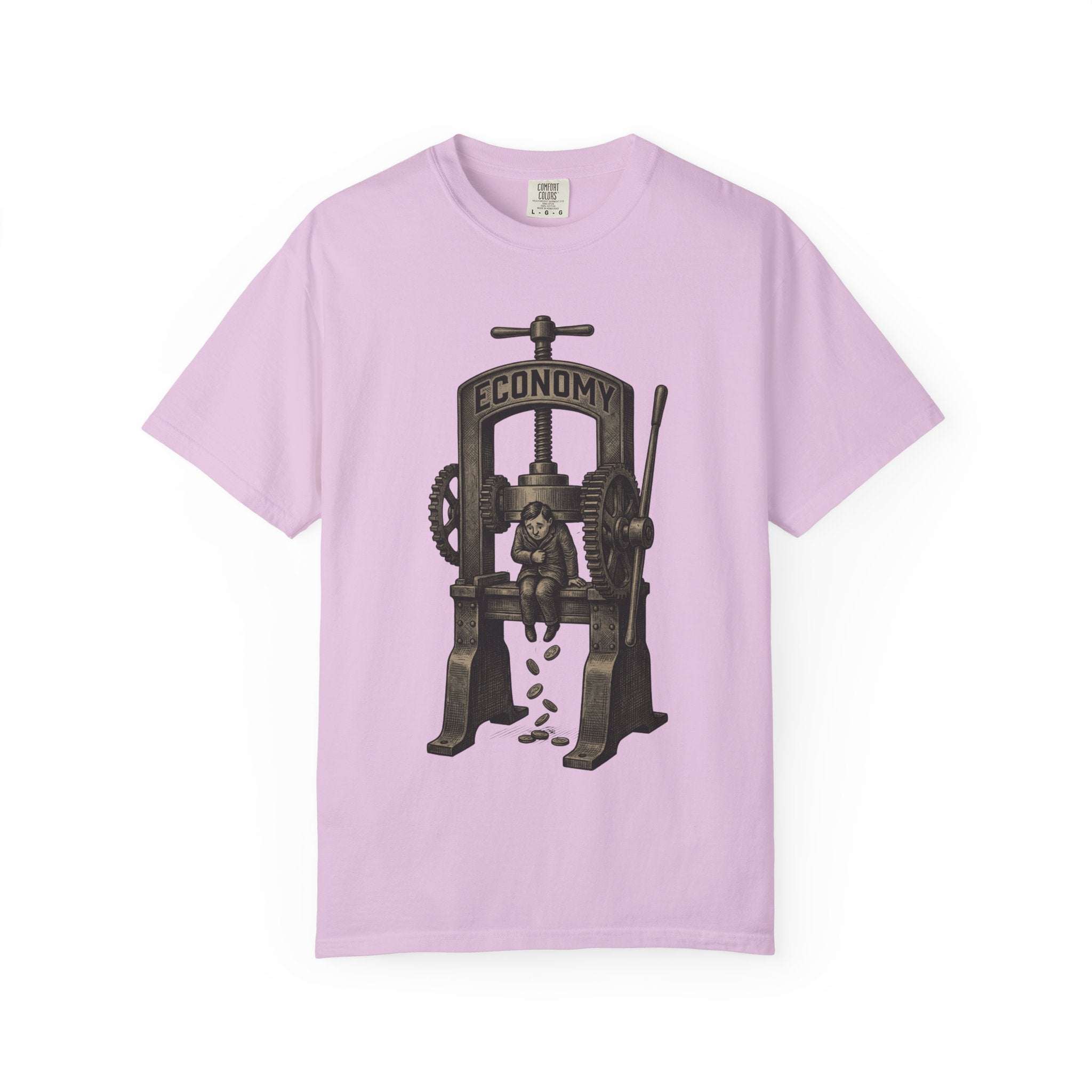Vintage "ECONOMY" Press T-Shirt | Retro Industrial Satire Graphic Tee | Hand-Drawn Woodcut Style Socio-Economic Statement Shirt Orchid