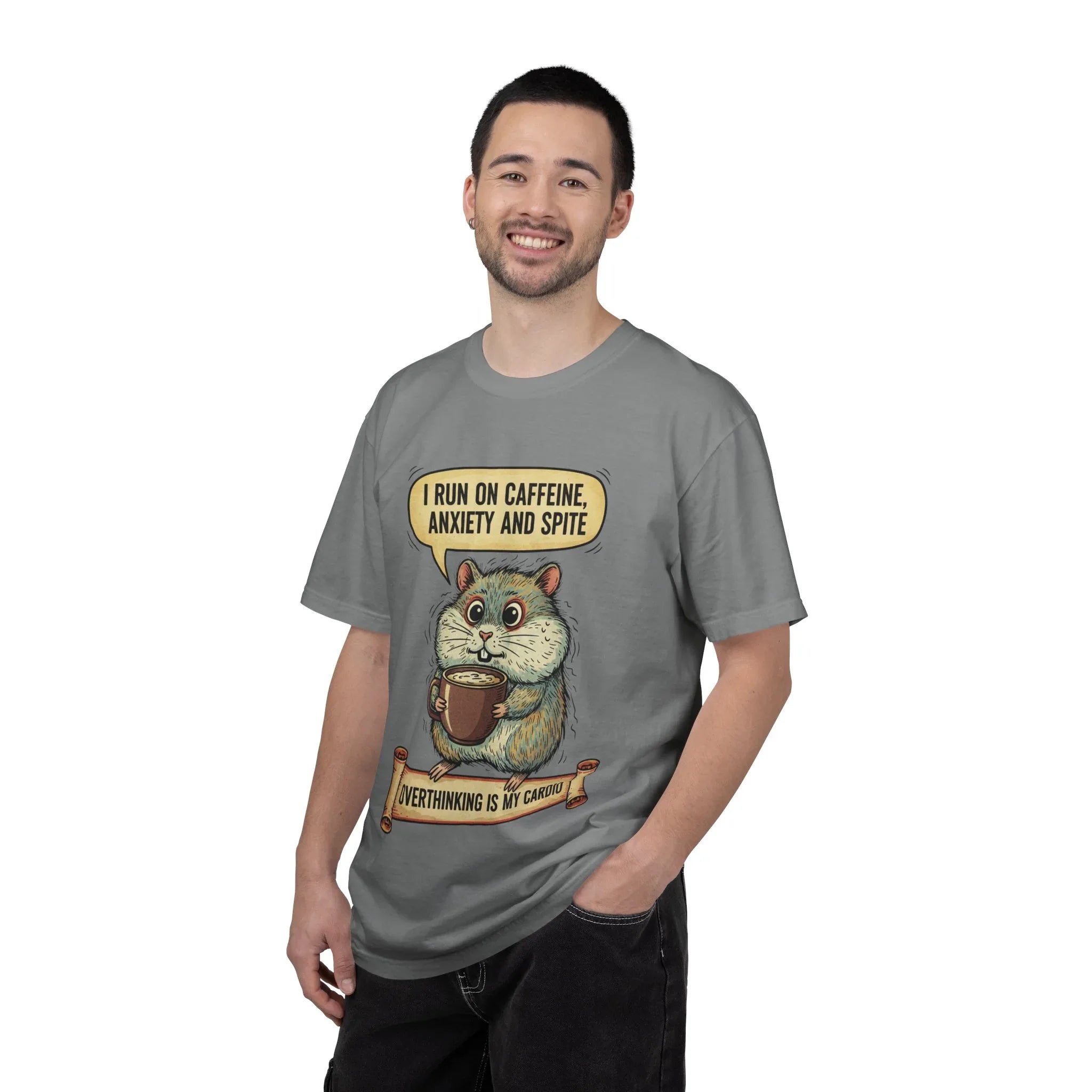 Funny Hamster Coffee Shirt - "Overthinking is My Cardio" T-Shirt - Caffeine Anxiety and Spite Gift - Sarcastic Mental Health Graphic Tee - Retro Jittery Hamster Overthinker Gift