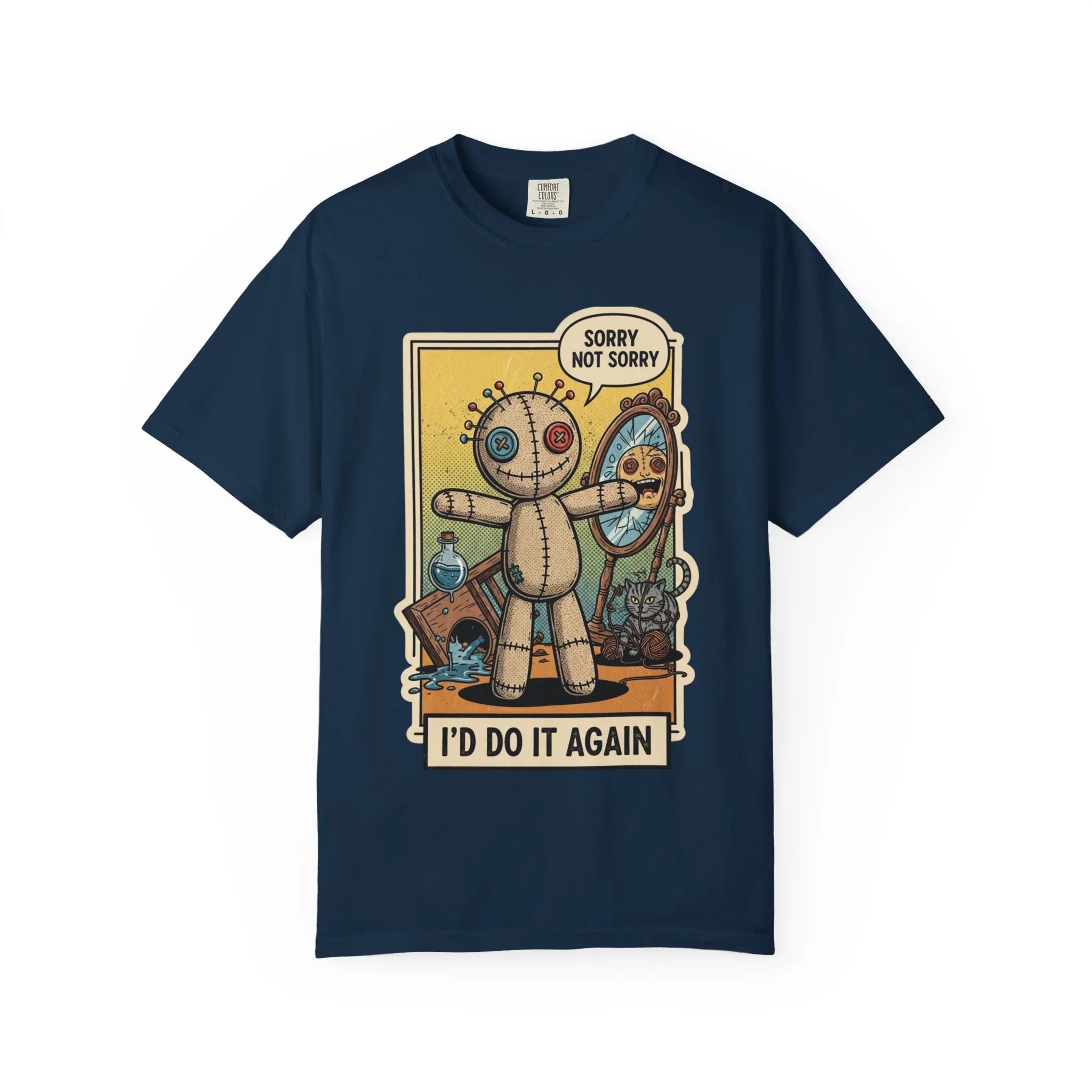 Sorry Not Sorry Voodoo Doll Shirt - Sarcastic "I'd Do It Again" Graphic Tee - Retro Comic Dark Humor T-Shirt - Vintage Black Cat Aesthetic Streetwear - Unapologetic Mood Gift True Navy