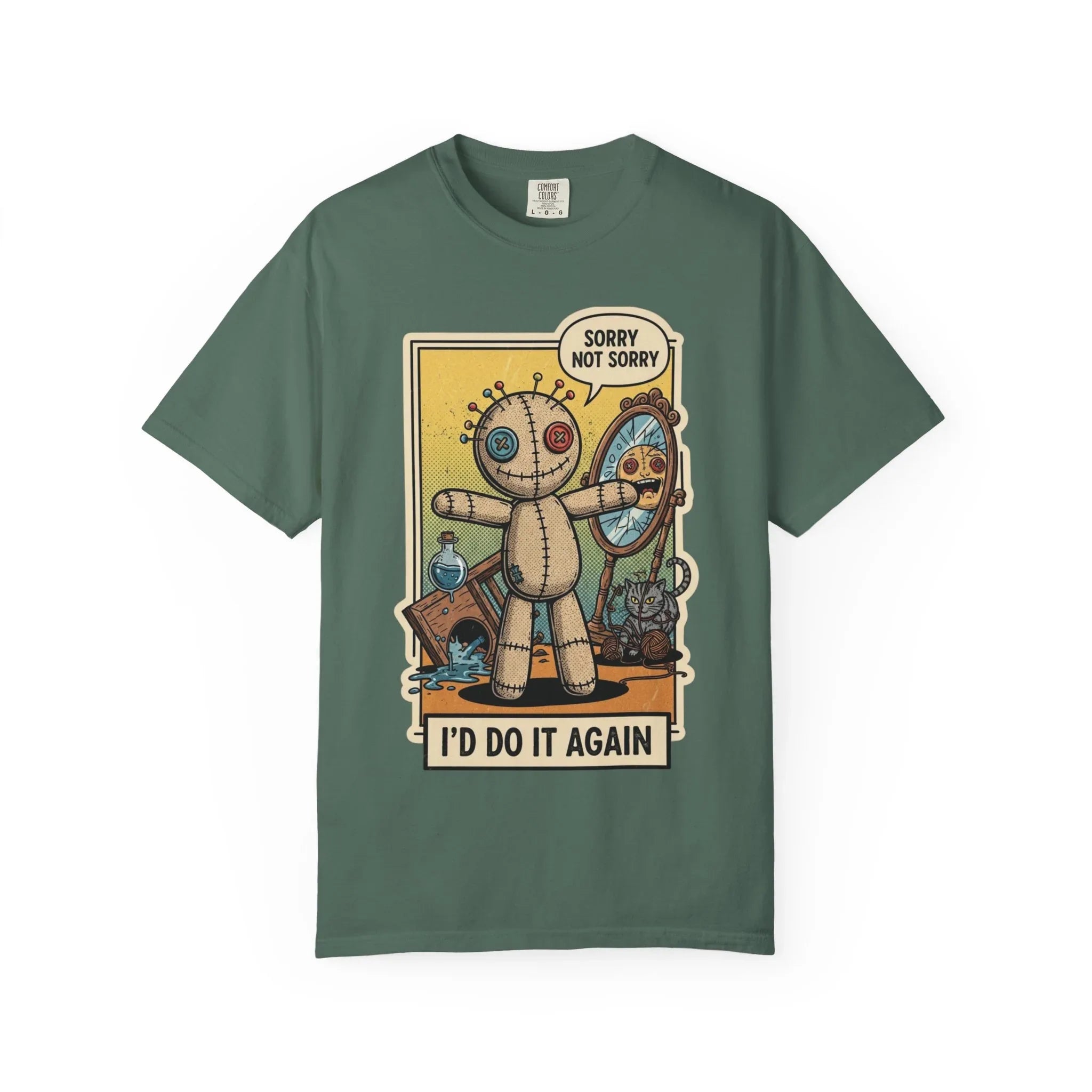 Sorry Not Sorry Voodoo Doll Shirt - Sarcastic "I'd Do It Again" Graphic Tee - Retro Comic Dark Humor T-Shirt - Vintage Black Cat Aesthetic Streetwear - Unapologetic Mood Gift Blue Spruce