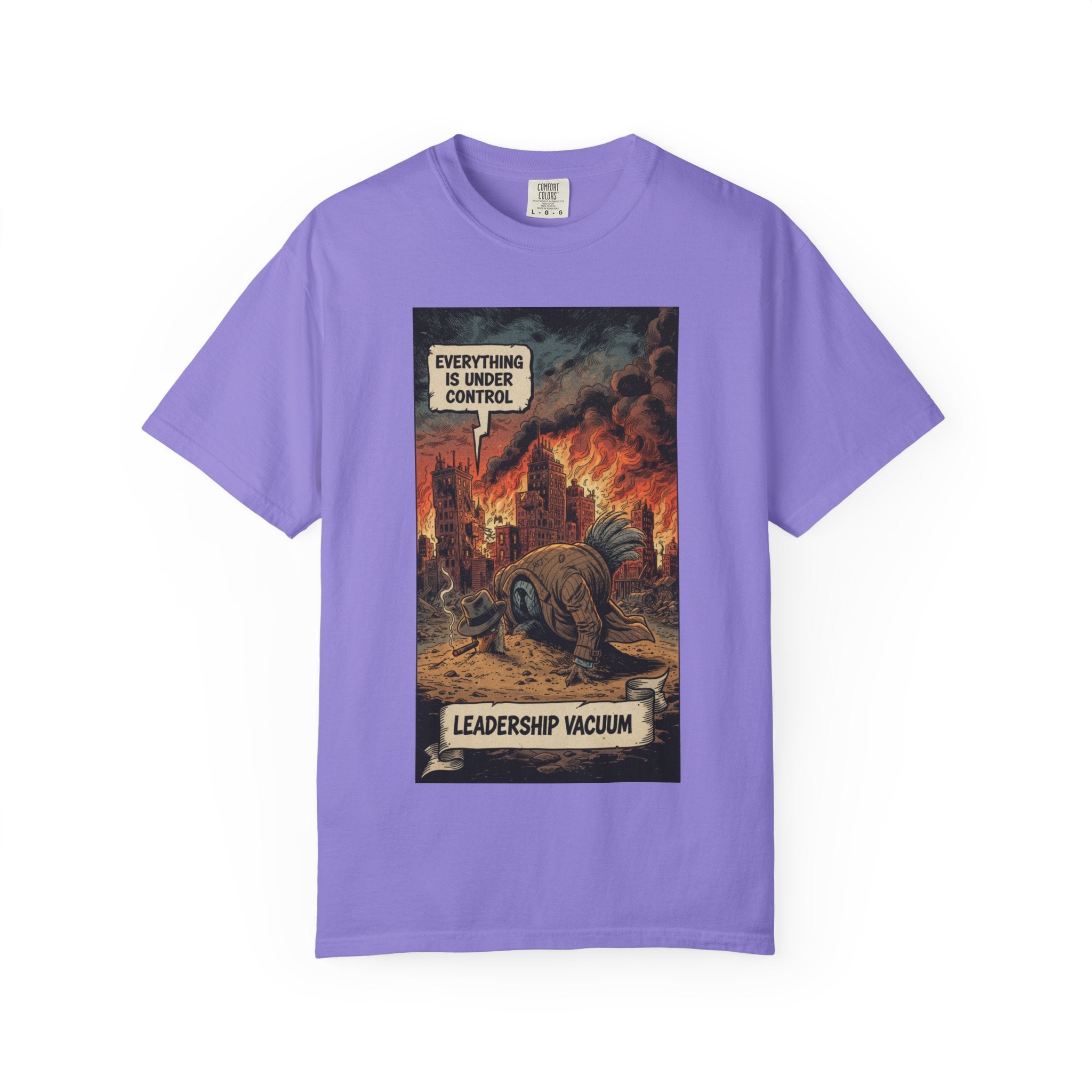 Leadership Vacuum T-Shirt - Funny Corporate Satire Tee - Head in Sand Ostrich Shirt - Sarcastic Management Humor Gift - Vintage Comic Style Violet