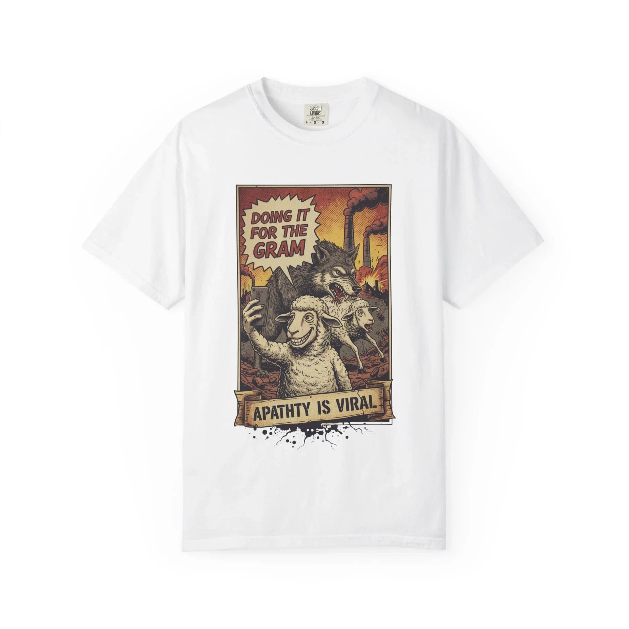 Doing It For The Gram Vintage Shirt - Satirical Wolf and Sheep Graphic Tee - Retro Social Media Irony T-Shirt - 1950s Propaganda Style Dark Humor - Unapologetic Social Critique Apparel