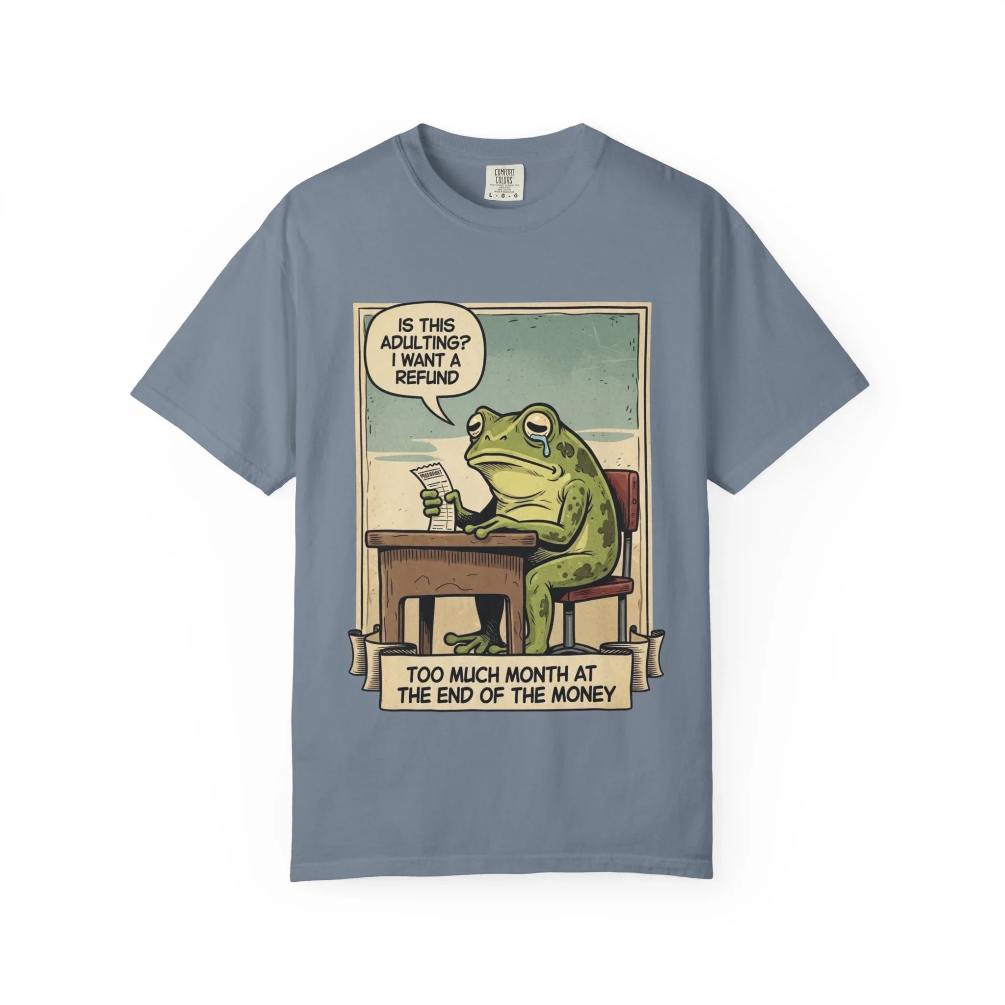 Funny Adulting Shirt - Sad Frog Meme Hoodie - "Too Much Month at the End of My Money" Sweatshirt - Vintage Aesthetic Millennial Financial Humor - Relatable Broke Friend Gift Blue Jean