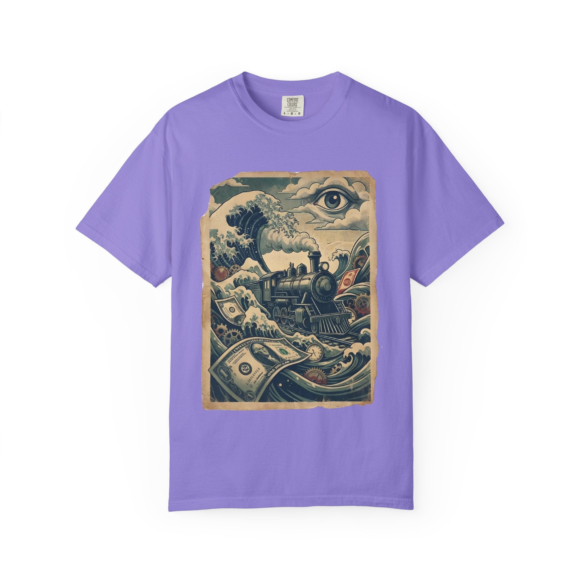 Financial Tsunami T-Shirt - Steam Train Economic Crisis Tee - Vintage Surrealist Satire Shirt - Sarcastic Money Wave Graphic Violet