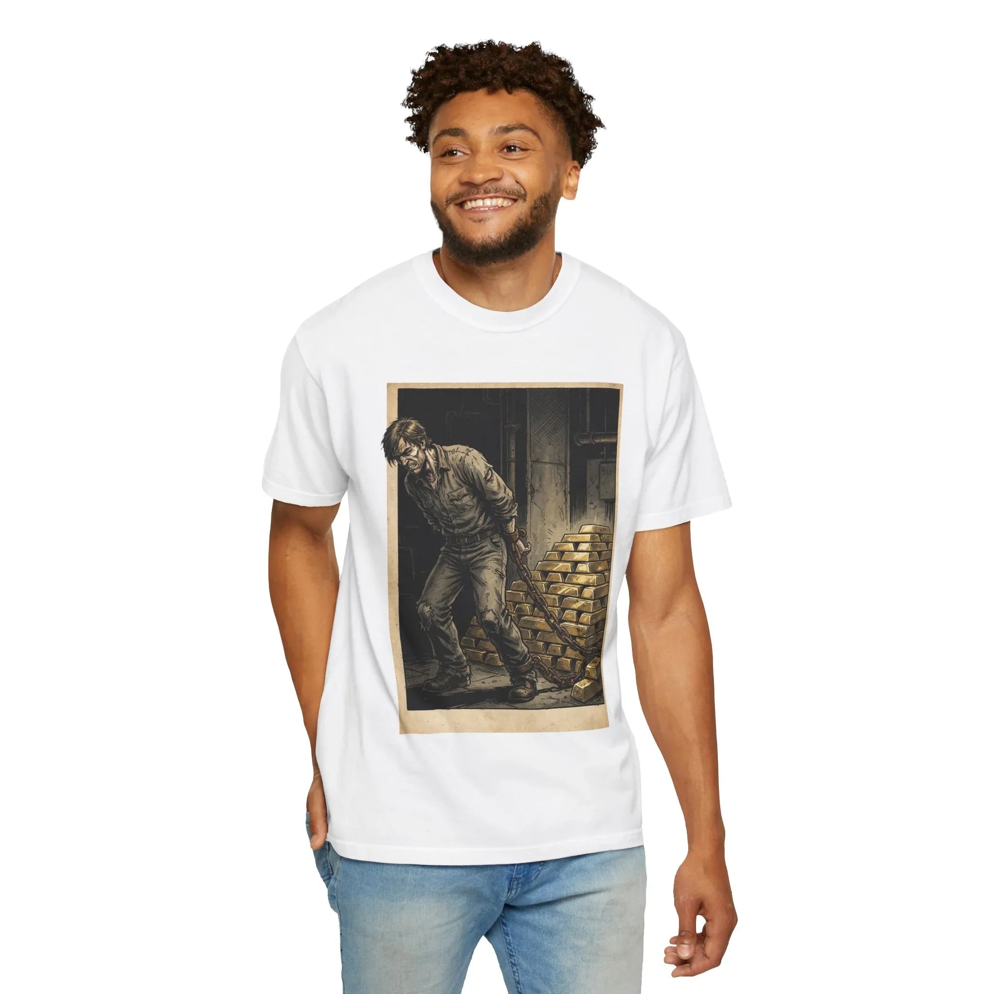 Heavy Gold Chains Satirical Shirt - Gritty Comic Art Tee - "Golden Burden" Wealth Trap Graphic - Vintage Prisoner of Greed Gift - Dark Humor Satire Streetwear