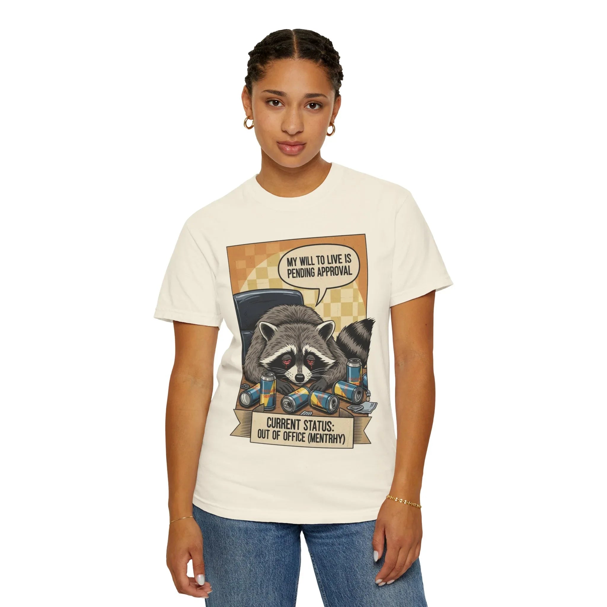 Funny Raccoon Shirt - Mentally Exhausted Office Tee - Retro Trash Panda Corporate Humor - Sarcastic "Pending Approval" T-Shirt - Relatable Coworker Gift & Work From Home Apparel