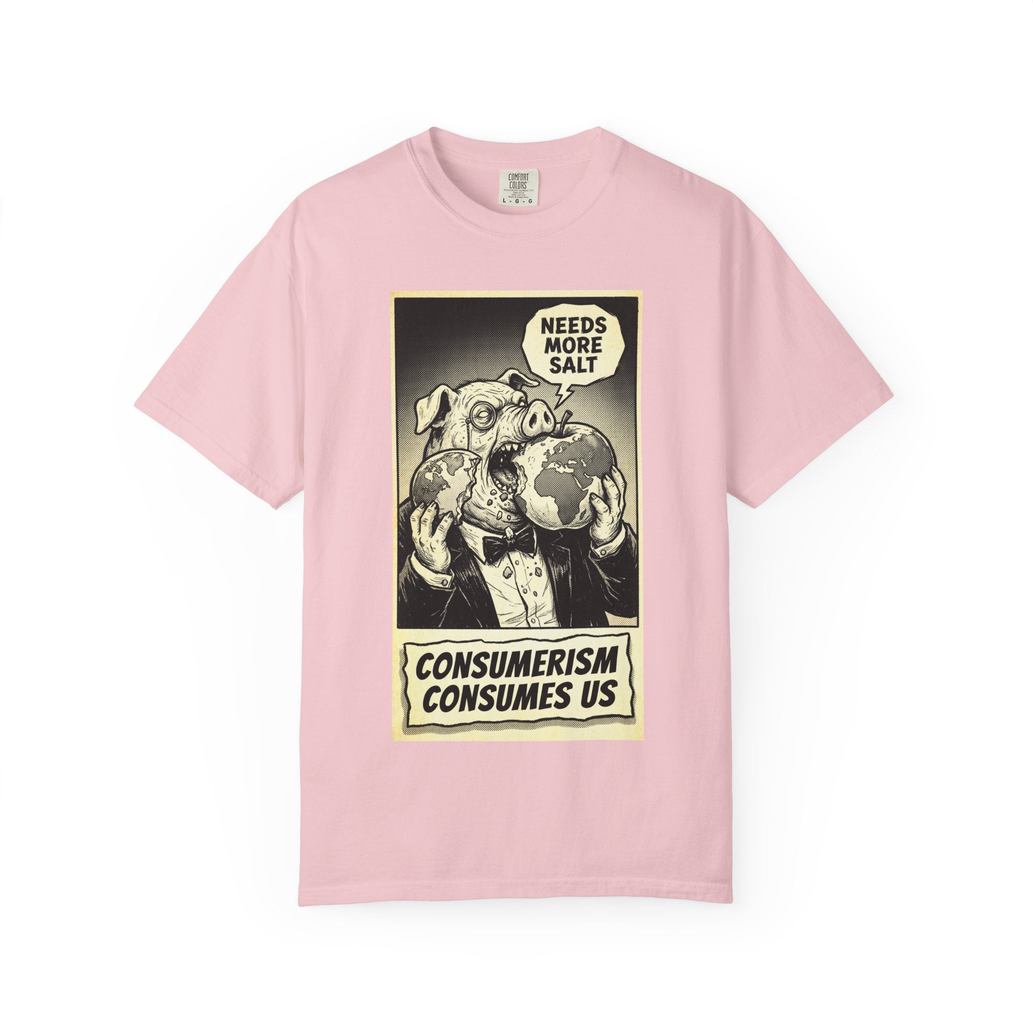 Consumerism Consumes Us T-Shirt | Vintage Satire Corporate Pig Graphic Tee | Anti-Capitalism Activist Apparel Blossom