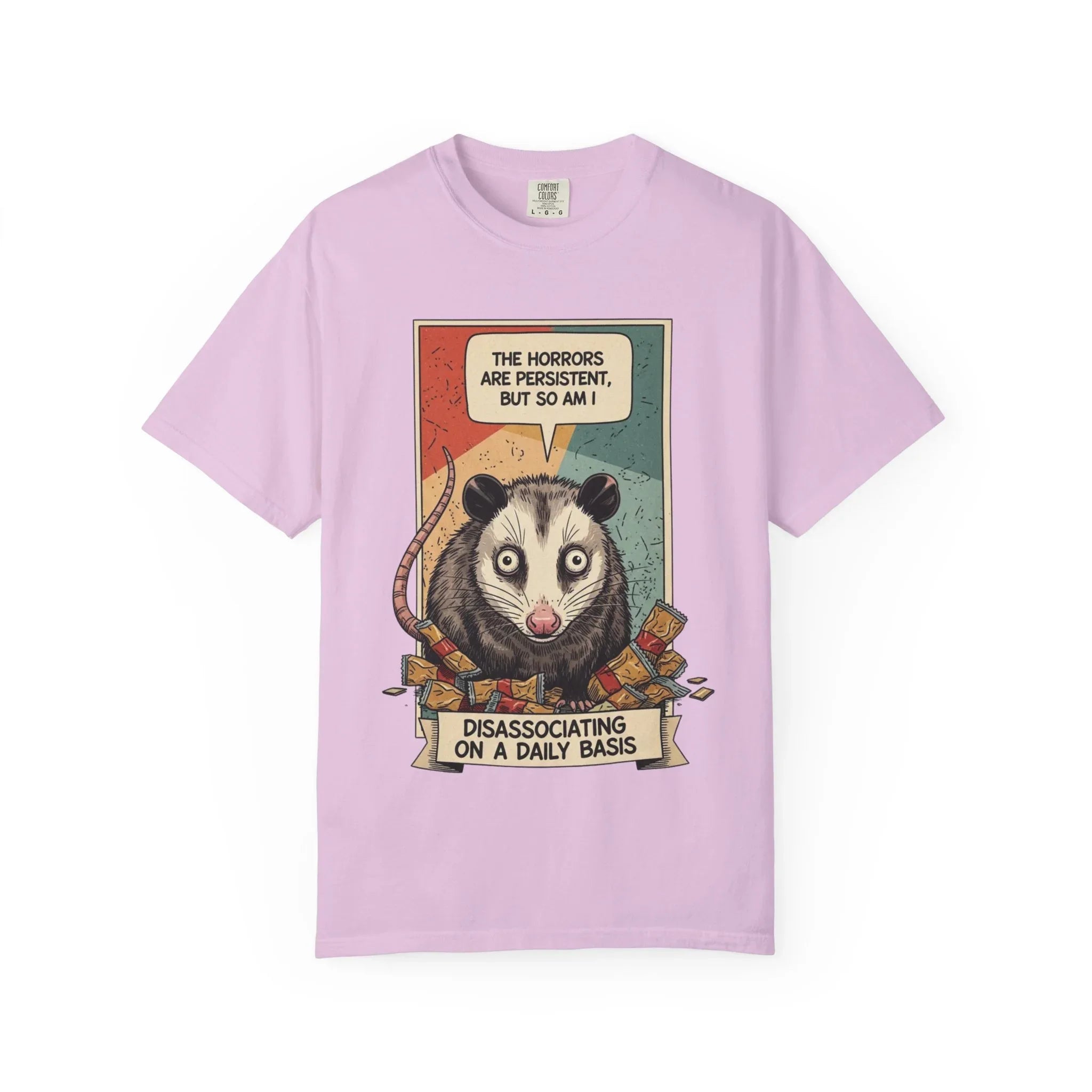 Funny Opossum Shirt - "The Horrors Are Persistent But So Am I" Tee - Mental Health Awareness Gift - Disassociation Meme Sweatshirt - Retro Trash Cat Hoodie Orchid