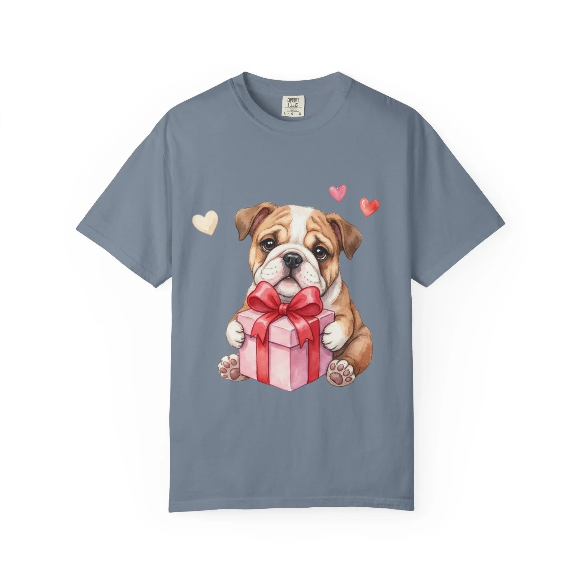 Bulldog Puppy with Gift T-Shirt | Cute Dog Valentine Hearts | Cozy Pet Lover Gift | Soft Vintage Aesthetic Dog Tee Blue Jean