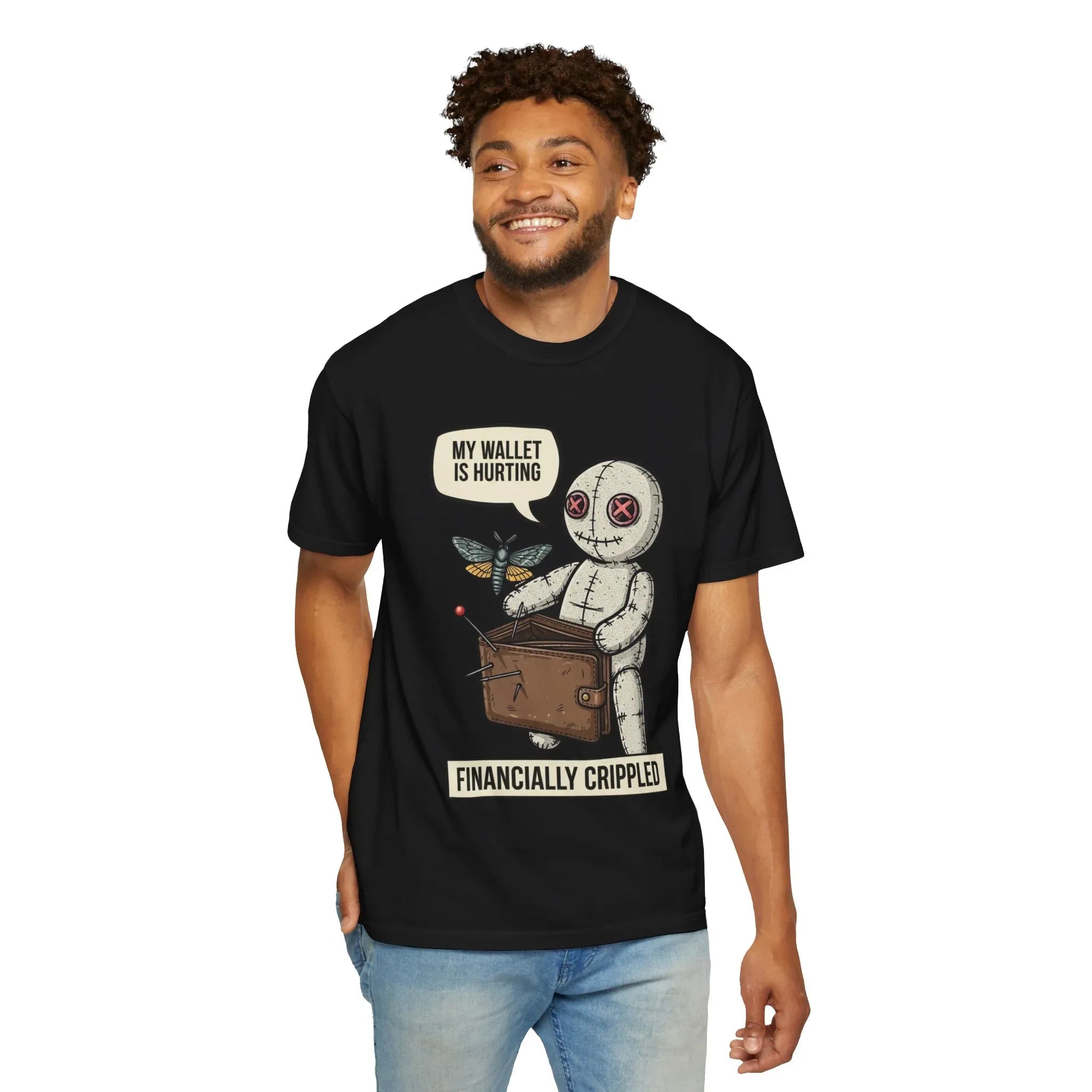 Funny Voodoo Doll Broke Life Shirt - Sarcastic "Financially Crippled" Graphic Tee - Retro Dark Humor Wallet T-Shirt - Vintage Aesthetic Streetwear Gift - Relatable Financial Struggle Mood Shirt