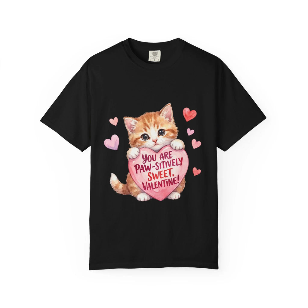 Paw-sitively Sweet Valentine Kitten T-Shirt | Cute Cat Lover Gift | Vintage Aesthetic Love Tee | Soft Cozy Valentine Shirt Black