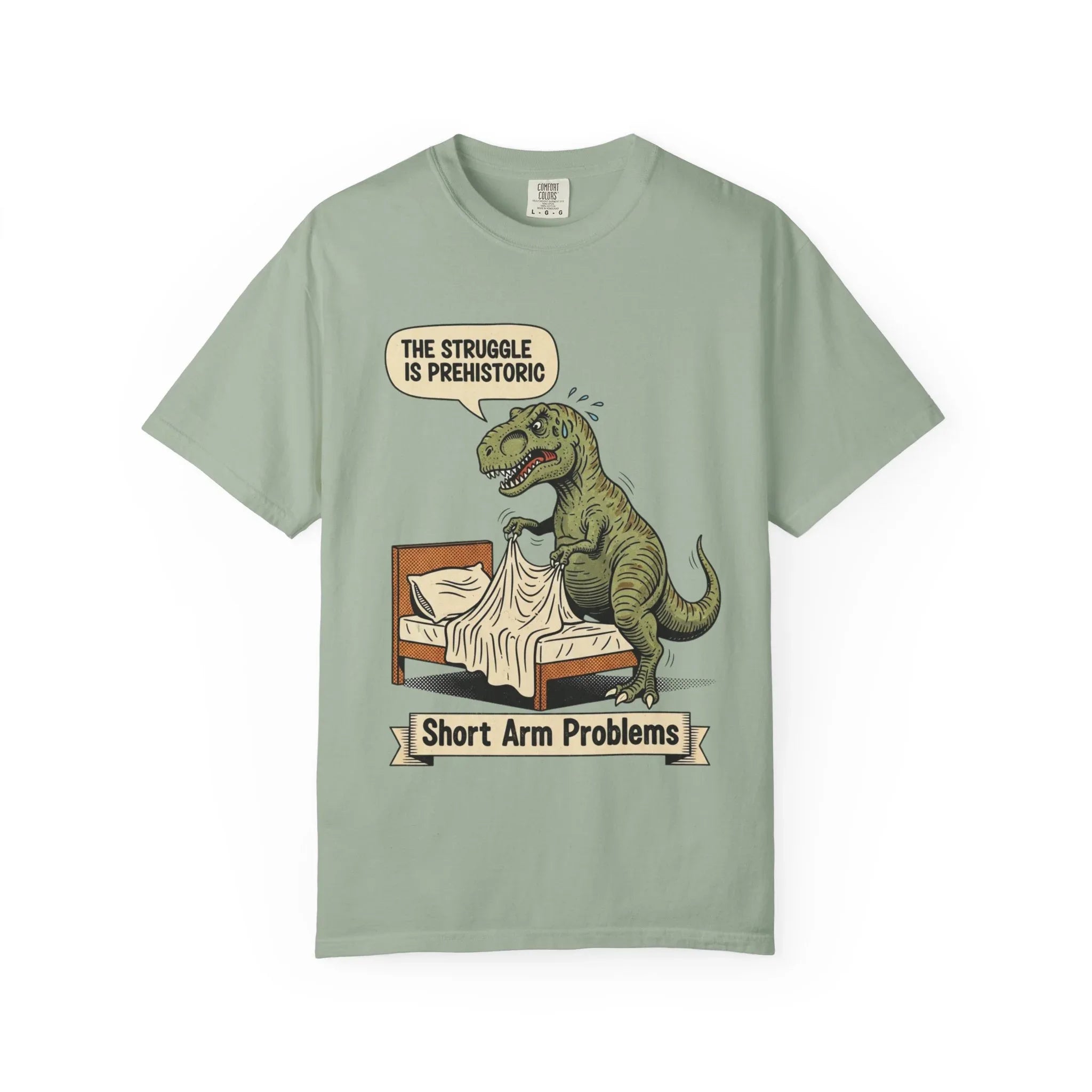 Funny T-Rex Shirt - "The Struggle Is Prehistoric" Graphic Tee - Short Arm Problems Meme Tshirt - Vintage Dinosaur Humorous Gift for Him & Her - Retro Comic Style Top Bay