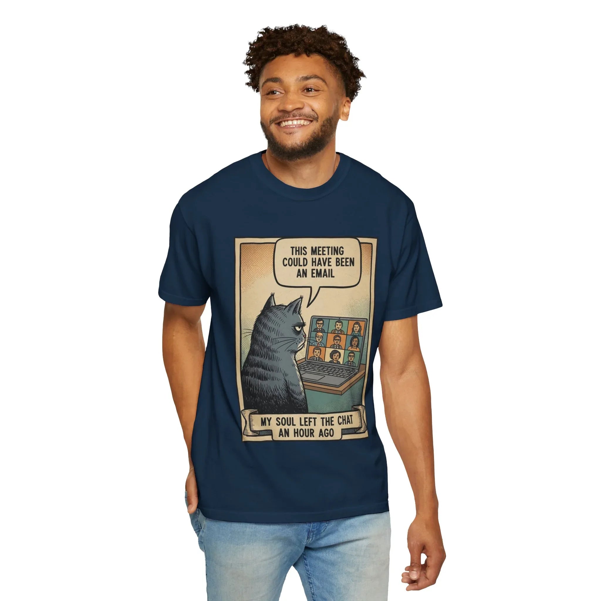 Funny Cat Work Shirt - "My Soul Left The Chat" Sarcastic Tee - Office Humor Gift for Coworker - Video Call Fatigue Meme Top - Work From Home (WFH) Uniform